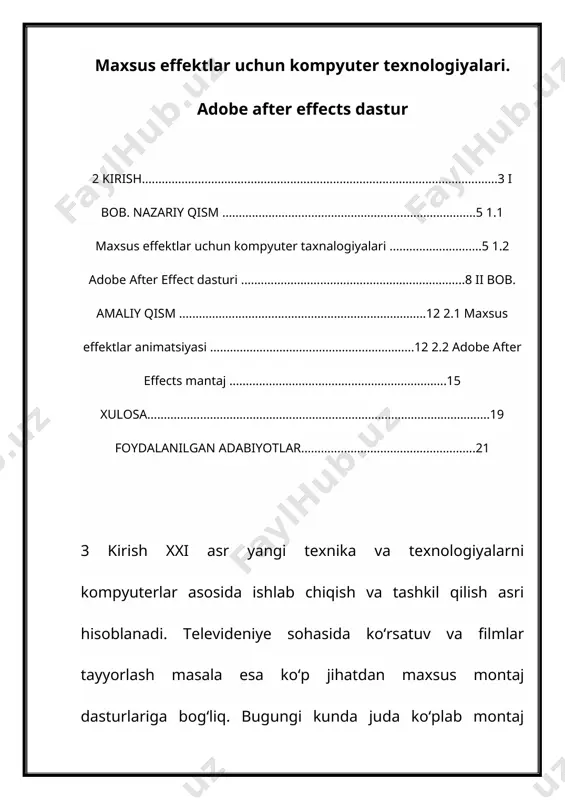 jga, maxsus effektlar yaratishga, fototasvirlar yoki ovoz bilan ishlashga va hokazo. demak, montaj dasturni tanlashda avvalambor uning imkoniyatlarini inobatga olish lozim. aksariyat hollarda montaj dasturni qo‘llashdan oldin boshqa bir dasturlarni yoki qo‘shimcha bilimlarni o‘zlashtirishga ehtiyoj seziladi. shunisi bilan ham montaj dasturlari murakkablashib boradi. yuqoridagilardan kelib chiqib aytish mumkinki, bugungi kunda televideniye sohasiga yangidan-yangi texnalogiyalar kirib kelmoqda bu o‘z navbatda yoshlarga keng imkoniyatlar yaratilmoqda. bunga misol qilib yangi maxsus effektlarni misol qilishimiz mumkin. bulardan maxsus montaj dasturlari va ulardan foydalanish talabalarni bilim darajalarini oshirishga imkon yaratadi. after effects mavzusi bo‘yicha ko‘plab turli darsliklar yaratilgan. lekin ko‘p hollarda bu darsliklar u yoki bu video effektni qanday qilish kerakligini tushuntiradi. yangi boshlanuvchilar uchun ushbu dastur bilan ishlashning asoslarini tushunish qiyin. natijada, ushbu effektlardan bir nechtasini yaratishga 4 urinib ko‘rgandan so‘ng, ko‘plab yangi boshlanuvchilar ushbu dasturni o‘rganishdan voz kechishadi. video tahrirlashni endi boshlayotganlar uchun after effects oddiy va intuitiv ko‘rinmaydi va xuddi shu kompaniyaning …
