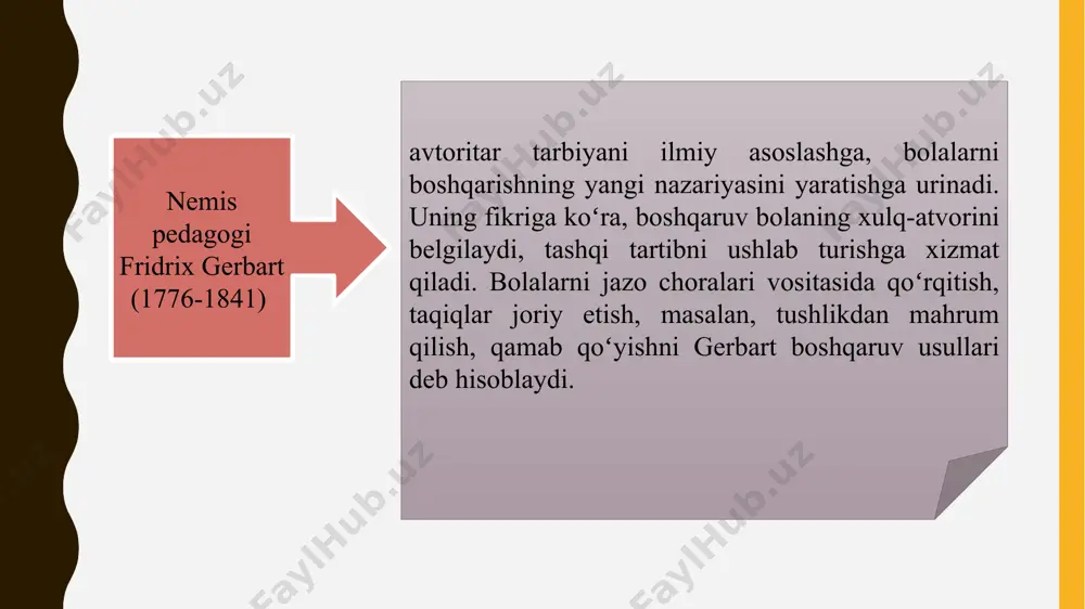 ida tarbiyalanuvchining u yoki bu faoliyati, ayrim sifatlarining namoyon boʻlishi rag‘batlantiriladi yoki toʻxtatiladi. talab bevosita yoki bilvosita boʻlishi mumkin. bevosita talab – aniq, boshqacha talqinga oʻrin qoldirmaydigan ohangda bayon etiladi. bilvosita talab – maslahat, iltimos, koʻrsatish, ma’qullash koʻrinishida bayon qilinadi. talab ijobiy, salbiy yoki neytral (loqayd) munosabatni keltirib chiqarishi mumkin 3. saboq berish metodi – bu tez sur’atlarda bajariladigan metod. undan talab qilinayotgan sifatni qisqa muddatda yuqori darajada shakllantirishda foydalaniladi. koʻp hollarda saboq berish og‘riqli jarayonlarga sabab boʻlib, norozilik keltirib chiqaradi. eski maktablardagi jazo choralari, yaqin oʻtmishdagi harbiy kazarma tizimini bunga misol qilish mumkin. topshiriqlar metodi yaxshi natija beradi. ular yordamida oʻquvchilar ijobiy xulq-atvorga oʻrgatiladi. topshiriq turli mavzuda boʻlishi mumkin: bemor oʻrtog‘idan xabar olish, bolalar bog‘chasi uchun oʻyinchoqlar tayyorlash, sinfni bayramona bezatish va hokazo topshiriq natijasi albatta nazorat qilinishi lozim. tarbiyalanuvchi faoliyati va xulq-atvorini maxsus sharoitlarda tashkil etish qisqacha tarbiyalovchi vaziyatlar metodi deb ataladi. vaziyat oʻylab topilgan boʻlmasligi kerak. ular …
