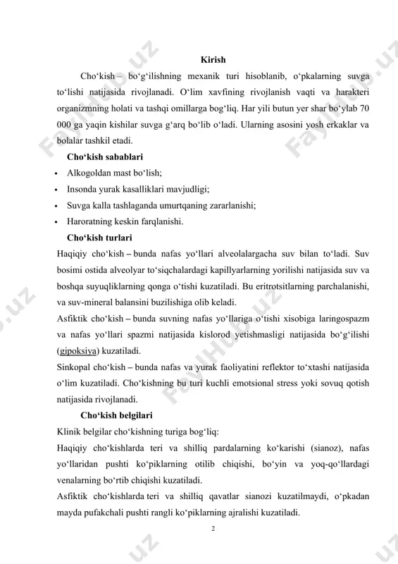 pushti rangli ko‘piklarning ajralishi kuzatiladi. sinkopal cho‘kishda kapillyarlar spazmi hisobiga teri oqaradi. cho‘kishning bu turi xavfsizroq bo‘lib, suv ostida 10 daqiqa va undan ortiq vaqt qolgan paytlarda ham tiriltirish mumkin. dengiz suvlaridagi cho‘kish, oddiy chuchuk suv xavzalaridagi cho‘kishdan xavfsizroq xisoblanadi. cho‘kishdagi birinchi yordam reanimatsion tadbirlarni o‘tkazishdan iborat. suvda cho‘kkan insonga qanday yordam beriladi? suvda cho‘kayotgan insonni olib chiqish juda xavfli holat. inson cho‘kayotgan vaqtda «o‘lim qo‘rqinchi” hisobiga uni qutqarayotgan insonni ham cho‘ktirib yuborishi mumkin. shuning uchun jismoniy quvvatingiz yetmasa, ikki yoki uch kishi bo‘lib qutqarish kerak. i bob. cho’kish haqida umumiy ma’lumot. 1.1 amaliy suzish har kaysi suzish usuli vaziyatga, sharoitga, vaqtga karab tanlanadi. chunki har qaysi usul o'z ahamiyatiga ega. masalan: 1) ko'krakda krol usulida suzish eng tezkor usul bo'lib, uzoq masofani tezroq bosib o'tish, cho'kayotgan odamni ko'zdan yo'qotib qo'ymaslik (bosh suvdan kx qorida bo'lanligi uchun) imkoniyatlariga ega: 2) yonboshlab suzish esa cho'kayotgan odamni suvdan olib chiqishda qo'llapiladi. chunki …