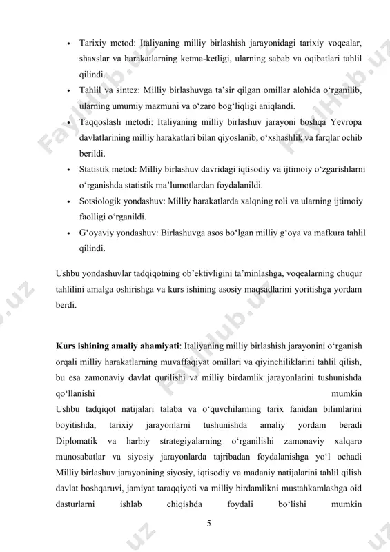 iyaning madaniy va siyosiy hayotida milliy g‘oya paydo bo‘la boshladi. bu g‘oya, asosan, italiyaning tarixiy va madaniy merosiga asoslanib, mamlakatni yagona millat sifatida birlashtirishni maqsad qilgan. ijtimoiy va iqtisodiy rivojlanish italiyaning jamiyatiga yangi, birlashgan davlatning zarurligini ko‘rsatdi. xalq orasida milliy g‘oyaning kuchayishi bilan birga, italiyaning siyosiy arxitekturasida o‘zgarishlar talab qilindi. bu jarayonda asosiy rolni ikki muhim shaxs o‘ynadi: giuseppe mazzini va camillo di cavour. mazzini, milliy birlashuvning ideologik yetakchisi sifatida, italiyaning mustaqilligi va birlashishini targ‘ib qildi, garchi u buning uchun ko‘plab harbiy harakatlarga va inqilobiy harakatlarga ishtirok etgan bo‘lsa-da, uning g‘oyalari vaqt o‘tgan sari keng tarqaldi. cavour esa, sardiniya qirolligi boshqaruvida bo‘lgan siyosiy strategiyani amalga oshirgan va diplomatik yondashuvlar orqali italiyaning birlashishiga zamin yaratgan. xalqaro omillar ham italiyaning milliy birlashishiga ta’sir ko‘rsatdi. fransiya, avstriya va boshqa yevropa davlatlari bilan bo‘lgan diplomatik munosabatlar italiyaning siyosiy xaritasini o‘zgartirishga yordam berdi. fransiya qo‘llab-quvvatlagan sardiniya qirolligi boshchiligidagi birlashuv jarayoni italiyaning boshqa davlatlarini ham qamrab …