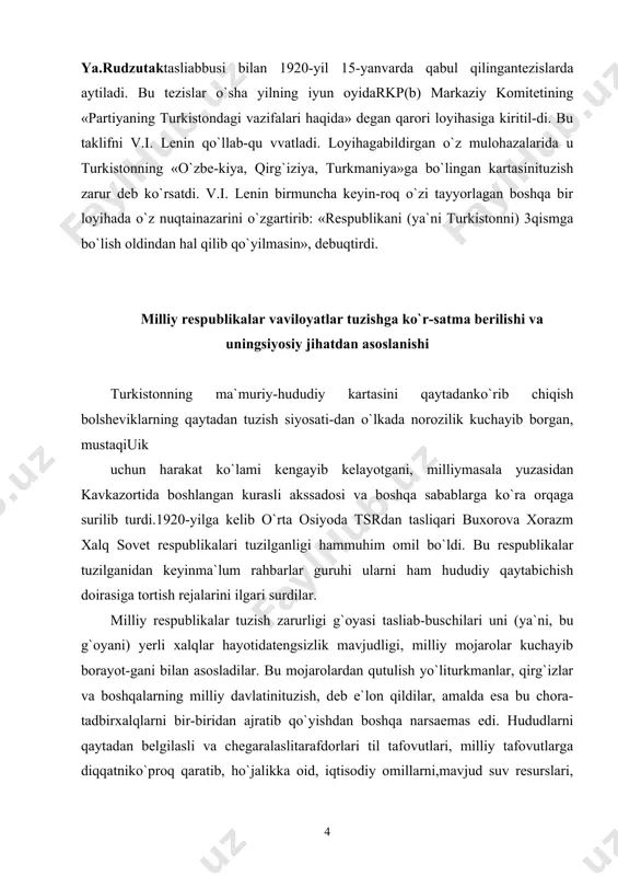mojarolardan qutulish yo`liturkmanlar, qirg`izlar va boshqalarning milliy davlatinituzish, deb e`lon qildilar, amalda esa bu chora-tadbirxalqlarni bir-biridan ajratib qo`yishdan boshqa narsaemas edi. hududlarni qaytadan belgilasli va chegaralaslitarafdorlari til tafovutlari, milliy tafovutlarga diqqatniko`proq qaratib, ho`jalikka oid, iqtisodiy omillarni,mavjud suv resurslari, sug`orish tizimlarining umumiyekanligini kamroq hisobga oldilar. umuman, siyosiyjihatlar birinchi darajali hisoblandi. rahbar xodimlarorasidagi yevropaliklar bilan tub xalqlar vakillario`rtasidagi ixtiloflar, shuningdek, ayrim guruhbozlikko`rinishlari mexanik tarzda o`rta osiyo mintaqasixalqlari o`rtasidagi munosabatlarga ko`chdi. rudzutak,stalin va boshqalar o`rta osiyoda milliy mojaromavjudligini uqtirdilar. milliy masala sun`iy ravishdabo`rttirib yuborildi va davlatlar hududini tubdan qaytabelgilasli uchun hal qiluvchi asosiy dalil sifatida ilgarisurildi. turor risqulov turkkomissiya va ya.rudzustak tezislariga qarama-qarshi o`laroq, va bir guruh milliy yetakchilar 1920-yildayoq turkiyzabon xalqlar yagona bo`lib, ular-ning tarixiy ildizlari, dinlari, an`analari va madaniyatimushtarakdir, turkistonni alohida qismlarga ajratibbo`lmaydi, degan g`oyani ilgari surdilar. biroq bu fikrnibolshevikcha markaz inkor etib, uni panturkizm, panis-lomizm, burjua millatchiligi deb baholadi. mintaqani milliy-hududiy jihatdan qayta tuzishmasalasi partiya organlari tomonidan ishlab chiqildi vaamalga …