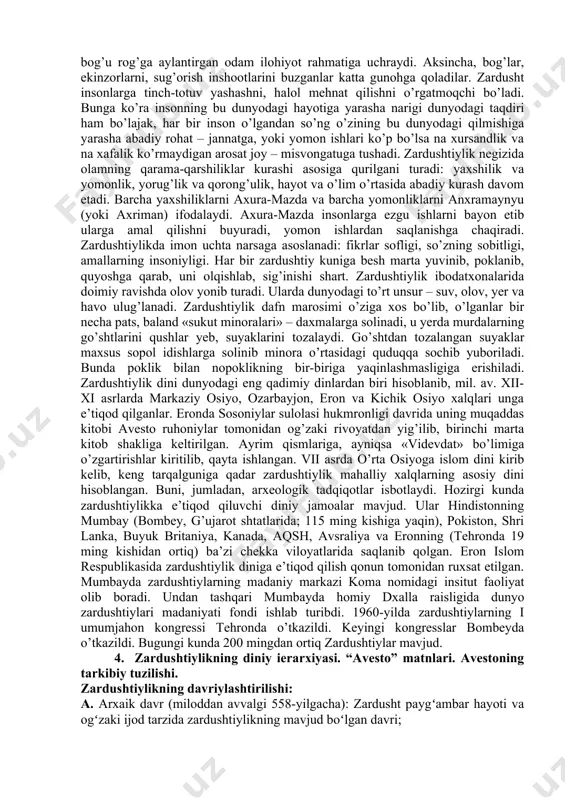 dat oldidan aytiladigan niyati, soʻzlari shu 3 ibora bilan boshlanadi.avesto oʻzbek, umuman oʻrta osiyo, eron, ozarbayjon xalqlarining qadimgi davrdagi ijtimoiy-iqtisodiy hayoti, diniy qarashlari, olam toʻgʻrisidagi tasavvurlari, urf-odatlari, ma’naviy madani-yatlarini oʻrganishda muhim va yagona manba. "bu nodir kitob bundan 30 asr muqaddam ikki daryo oraligʻida, mana shu zaminda umrgoʻzaronlik qilgan ajdodlarimizning biz avlodlariga qoldirgan ma’naviy, tarixiy merosidir" (i.a. karimov, "adolatli jamiyat sari". t., 1998, 39–40-betlar). oʻzbekiston hukumatining tashabbusi bilan yunesko bosh konferensiyasi 30-sessiyasi "avesto" yaratilganining 2700-yilligini dunyo miqyosida nishon-lash haqida qaror qabul qildi (1999-yil noyabr). gova (fors, hoʻkiz) — qad. sugʻdiyona oʻlkasining alohida muzofoti. avesto kitobida zarafshon vodiysi haqida gapirilib, "sugʻuda" (sugʻd) nomi bilan birga "govumard" nomi ham tilga olingan. undagi maʼlumotga koʻra govmard hozirgi samarqand viloyatining sharqiy tumanlarini oʻz ichiga olgan va suvga serob, chorvasi koʻp obod joy boʻlib, aholisi farovon turmush kechirgan. afsonalarda gova odam boshli hoʻkiz (govmard) obrazida tasvirlanadi. xorazmda u "jovmard qassob" ("govmard qassob") nomli epik qahramon …