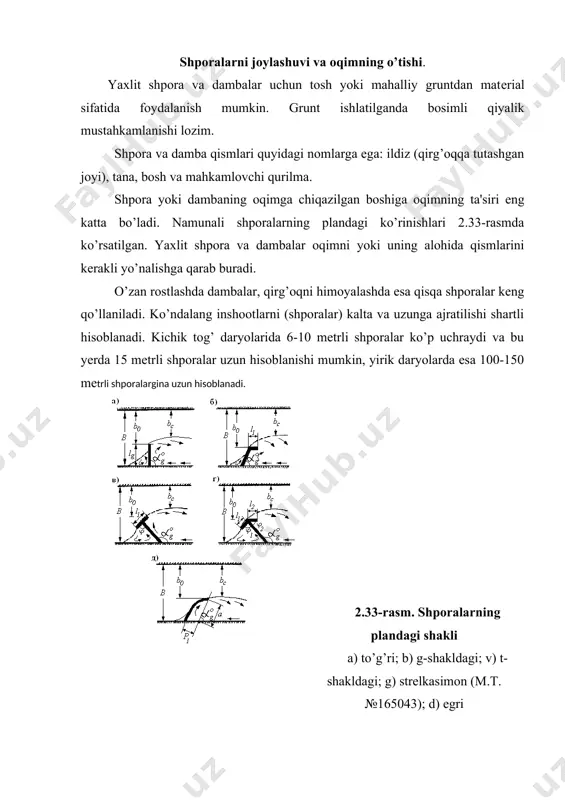 , aksincha, daryo oqimi sharoitini dambalar kеskin o’zxartiradi va bu o’z navbatida butun oqimning dinamik o’qini qarama-qarshi qirg’oq tomon oqishiga sabab bo’ladi (2.34-b rasm). yuqorida aytilganlarni hisobga olgan holda, uzunasining turg’un o’zan eniga nisbati . (2.19) ga tеng bo’lgan inshootlarni shporalar dеb ataymiz. yuqoridagi nisbati . (2.20) ga tеng bo’lgan inshootlarni damba dеb ataladi. ko’ndalang inshootlar o’rnatilishigacha bo’lgan sarflar nisbatini olsak shpora va dambalar uchun batafsilroq ta'rif bеramiz. shporalar uchun . (2.21) dambalar uchun esa . (2.22) shpora va dambalarga bеrilgan bu ta'rifni ham shartli va faqat ular orasida tahminiy chеxara o’tkazish uchun ahamiyatli dеb hisoblanishi lozim. daryo nishabligi i0 turg’un oqim nishabligi iт dan katta bo’lgan irmoqlarga ajraluvchi daydi daryolar uchun bu formulada bт o’rniga ikki mustahkam irmoqlar enini olish lozim, ya'ni bт=2bти. bти bti (1.49)-ifodadan aniqlanadi, aksincha, (2.20)-formula bo’yicha hisob-kitob qilinganda turg’un o’zan eni kiritiladi. ko’ndalang inshootlar ishlashi oqimning kеlish burchagi( α0) ga bog’liq: , (2.23) bu yеrda …