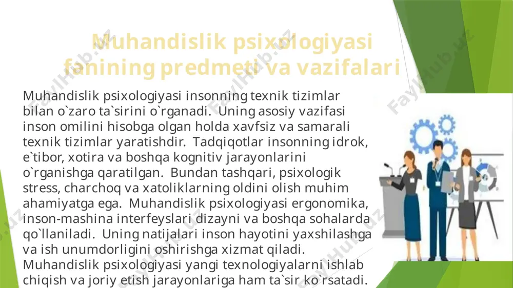 iy va professional o`sishini ta`minlaydi. kasbiy maslahat xizmatlari kasb tanlashda yordam beradi. muhandislik psixologiyasi yordamida kasbiy stressni kamaytirish mumkin. kasbiy tanlash va malaka oshirish muhandislik sohasida muhim ahamiyatga ega. kasbiy tanlash va malaka oshirish 1. ergonomika va inson omili, alimov a, 2010, toshkent davlat texnika universiteti nashriyoti 2. inson-mashina interfeyslari, xolmatov b, 2015, o`zbekiston milliy universiteti nashriyoti 3. muhandislik psixologiyasi asoslari, umarov r, 2018, fan va texnologiya nashriyoti 4. psixologiya lugati, axmedov x, 2020, o`qituvchi nashriyoti 5. stress menejmenti, raximov m, 2022, toshkent tibbiyot akademiyasi nashriyoti adabiyotlar image1.jpeg image2.png image3.jpeg image4.jpeg image5.jpeg image6.png image7.jpeg /docprops/thumbnail.jpeg