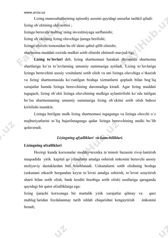 imkonini beradi; qarz kapitali jalb qilinmaganligi uchun balansda o`z va qarz kapita-lining optimal nisbatini ushlab turish imkonini beradi: bank kreditidan farqli o`laroq lizing uskunani sotib olish uchun 120 % li taьminot talab qilinmaydi; lizing asosiy vositani sotib olish bilan bog`liq loyihani 100 % moliyalashtirish imkonini beradi va u to`lovlarni darxol boshlanishini talab qilmaydi. bu esa sezilarli moliyaviy qiyinchiliklarsiz korxona-ga asosiy vositalarini yangilash va qimmatli uskunalarni sotib olish imkonini beradi. lizing shartnomasiga ko`ra ijara to`lovlari uskuna o`rnatilib, sozlanib va foydalanishga topshirilgandan keyin mahsulotni sotishdan olin-gan daromad hisobidan amalga oshirilishi mumkin. lizing shartnomasida o`zgaruvchan kredit foizlaridan farqli o`laroq, qatьiy foiz stavkalari qo`llaniladi ; lizing to`lovlari lizinga oluvchi korxonaning mahsulot tannarxiga olib boriladi. bu esa soliqka tortiladigan foyda summasini kamaytiradi. ishga tushirilishi uzoq muddatni talab qiladigan uskunalarni tayyor-lashga buyurtma berishdan ko`ra, foydalanishga tayyor bo`lgan uskunani ijaraga olish qulayroqdir. ba`zida aktivlarga fakat vaqtincha, mavsumiy yoki bir martalik talab bo`ladi, bunday holda ijara doimo foydalanishda …
