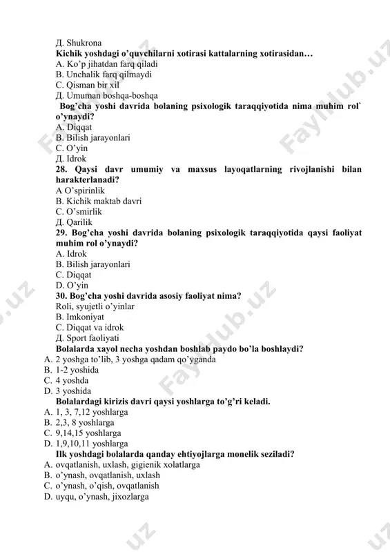 odir bo’ladi. bu qaysi davrga to’g’ri keladi? ilk o’spirinlik ilk bolalik o’smirlik chaqaloqlik prepubertat nima? balog’atga yetishdan oldingi davr balog’atga yetish davri balog’atga yetishdan keyingi davri qarilik davri tajriba metodi birinchi bor kim tamonidan nechanchi yilda fanga kiritilgan? 1805-yilda j. peaje 1305-yil a.kant 1983-yil d.b. el`konin 1910-yil a.f. lazurskiy anketa metodi qanday usulda o’tkaziladi va nechta guruhga bo’linadi? turli aqliy o’yinlar asosida, 2 turli ommaviy so’roq asosida 3 turli sinalovchining o’ziga bildirmagan xolda chetdan kuzatish 3 turli sinalovchi qiziqan fan asosida savollar berish orqali 5 turda psixologiyada test metodini qaysi olimlar kashf qilgan? i.a. menchinskaya v.shtern a.bine, a.simon a.n.gvozdev, v.shtern ilk o’spirinlik davr necha yoshlarni o’z ichiga oladi 16 yoshdan 17-18 yoshgacha 10 -11 yoshdan 13-14 yoshgacha 12 -13 yoshdan 15-16 yoshgacha 18 yoshdan keyingi davrlarni kishilar psixikasini ommaviy so’rov asosida o’rganish qaysi metod orqali olib boriladi kompleks anketa test eksperiment psixik xususiyatlarni tabiiy sharoitda maxsus usullarda o’rganiladigan metod qanday? …
