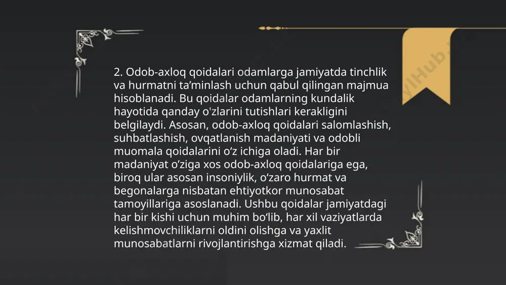 darajasini oshirish uchun meditatsiya, jismoniy mashqlar va sog‘lom turmush tarziga rioya qilish tavsiya etiladi. axloqiy qadriyatlar esa oiladan, ta'lim tizimidan va jamiyatdan shakllanadi. 2020-yilda o‘tkazilgan tadqiqotlarda ruhiy salomatlik muammolari global miqyosda ko‘paygani qayd etildi. ma'lumotlarga ko‘ra, dunyo aholisi orasida 10-20% odam ruhiy kasalliklardan aziyat chekadi. shu bilan birga, axloqiy qadriyatlar insonlar o‘rtasidagi munosabatlarni yaxshilashda muhim rol o‘ynaydi. ... t.me/slaydai_bot 10. axloqiy qaror qabul qilish axloqiy qaror qabul qilish insonlarning murakkab jarayonidir. bu jarayonda insonlar o'z qadriyatlari, prinsiplari va jamiyat me'yorlarini hisobga oladi. masalan, 2019 yilda o'tkazilgan tadqiqotga ko'ra, 78% respondentlar axloqiy qaror qabul qilishda shaxsiy qadriyatlarni muhim deb hisoblagan. axloqiy qarorlar qabul qilishda 3 asosiy bosqich kuzatiladi: axloqiy masalani tan olish, imkoniyatlarni tahlil qilish va yakuniy qaror chiqarish. har bir bosqichda turli omillar, jumladan, ma'lumotlarning to'g'riligi va hissiyotlar hisobga olinishi lozim. 2021 yildagi ma'lumotlarga ko'ra, oliy ta'lim muassasalarida axloqiy qarorlar mavzusida kurslar soni 25% ga oshdi. ... t.me/slaydai_bot axloq va …