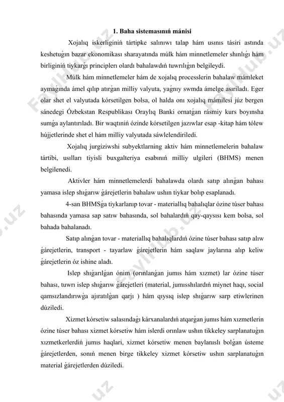 ar ziyanlanǵan yamasa bahası tómenge túsken bolsa, olardı ma`nisin tiklab bolmaydı. bunday jaǵdaylarda tovar - materiallıq bahalıqlar satıw bahasında bahalanadı. ámelde, bunday tovar - materiallıq bahalıqlar xojalıqta kóbirek jıynalıp qalǵan hám aylanıwı páseytiwgen jaǵdaylardaǵana finanslıq esabatda aktivler satılıwınan kutilayotgan summanı kóp kórsetpeslik ushın olardıń ma`nisi pasaytiriladi. tolıq yamasa biraz gónergen, bahası tómenge túsken material, shiyki- buyımlardan tayarlanǵan ónim (orınlanǵan jumıs hám xızmet) lar bazar (ámeldegi) bahalarda satılatuǵın bolsa, bunday tovar - materiallıq bahalıqlardıń ma`nisi sap bazar bahasına shekem pasaytirilmaydi. usınıń menen buxgalteriya esabın júrgiziwde zárúrlilik tóbeoyillari támiyinlenedi. tiykarǵı qurallar olardı tákirar óndiriste dáslepki ma`nisi (baslanǵısh baha) menen birge qaldıq hám qayta tiklew ma`nisi boyınsha esapqa alınadı. qaldıq ma`nisi esapta tiykarǵı qurallardıń real bahasın, yaǵnıy dáslepki ma`nisinen góneriw summasın chegirib taslaǵan halda esaplaw ushın qollanıladı. qayta tiklew ma`nisi házirgi haqıyqıy ǵárejetlerdi, olardıń haqıyqıy ózine túser bahasın xarakteristikalaydı. tiykarǵı qurallardıń dáslepki ma`nisin qayta tiklew ma`nisine ótkeriw qayta bahalaw arqalı ámelge asıriladı. tiykarǵı …