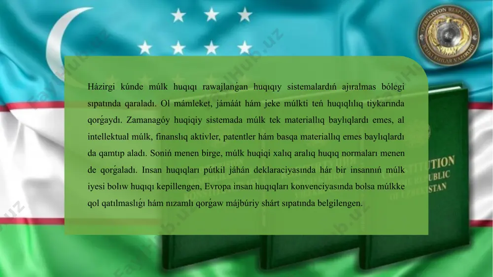 ikası ózbekstannıń quram bólegi sıpatında óziniń huqıqıy sistemasında múlk huqıqın ámelge asırıw mexanizmlerine ie. menshik huqıqı tek ǵana konstituciya hám milliy nızamlar menen emes, al qaraqalpaqstan respublikasınıń aymaqlıq nızam hújjetleri hám normativ hújjetleri arqalı da tártipke salınadı. aymaqlıq nızamlar múlk subektleriniń huqıqların qorǵaw, iyelik etiw, paydalanıw hám biylik etiw proceslerin anıqlawǵa xızmet etedi. paydalanılǵan ádebiyatlar ózbekstan respublikası konstituciyası. tashkent, 2023. puqaralıq kodeksi. tashkent, 2022. shukurov, a. múlk huqiqi teoriyası. tashkent: huquq, 2021. qodirov, b. isbilermenlik huqiqi tiykarları. t: yuridikalıq basılım, 2020. 5, karimov, s. múlk huqıqınıń formaları hám túrleri. tashkent, 2019. image1.jpeg image2.jpeg /docprops/thumbnail.jpeg