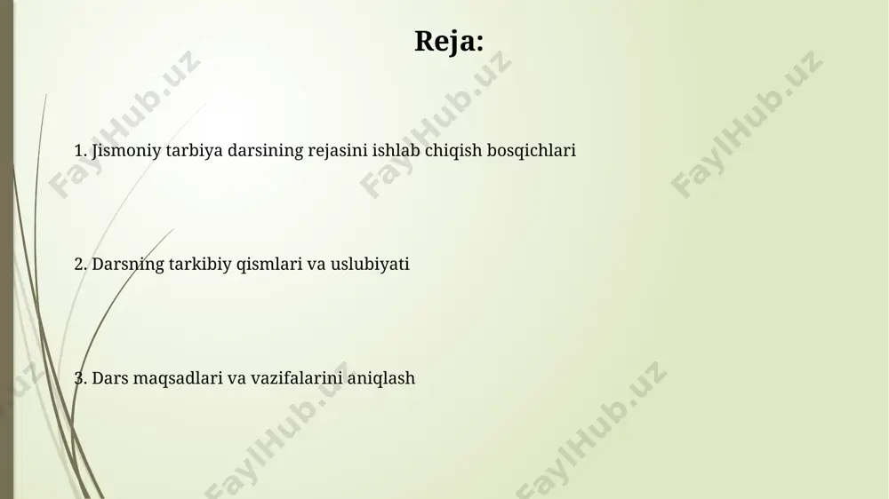 blariga muvofiqligiga e'tibor qaratish, shuningdek, 5-10 daqiqalik mushaklarni cho'zish mashqlarini qo'shish zarur. o'quv maqsadlarini aniqlash va formulalash har bir o'quv maqsadi bloom taksonomiyasi asosida tuzilishi va talabalarning 70% dan ortiq darajada maqsadga erishishiga imkon beruvchi vazifalarni o'z ichiga olishi lozim. o'quv maqsadlarini formulalashda aniq vaqt oralig'ini (masalan, darsning 15 minutida), o'lchov mezonlarini (masalan, 80% to'g'ri bajarilishi) va kutilayotgan natijalarni (masalan, 5 ta harakatni to'g'ri bajarish) ko'rsatish zarur. o'quv vositalarini tanlash va tayyorlash o'quv vositalarini tanlashda o'quvchilarning yosh xususiyatlari, jismoniy tayyorgarlik darajasi va darsning maqsadlari hisobga olinishi kerak, masalan, 1-sinf uchun oddiy to'plar, 5-sinf uchun esa murakkabroq jihozlar mos keladi. har bir o'quv vositasining xavfsizlik talablariga javob berishi, shikastlanish xavfini kamaytirish uchun mos holatda bo'lishi va kamida 2-3 ta variantda tayyorlanishi lozim. kirish qismi (tayyorgarlik mashqlari) mashqlar intensivligi asta-sekin ortadi, 3 bosqichda bajariladi: past, o'rta va yuqori intensivlikdagi mashqlar. har bir bosqich 1-2 daqiqa davom etadi. tayyorgarlik mashqlari 5-7 daqiqa davom …