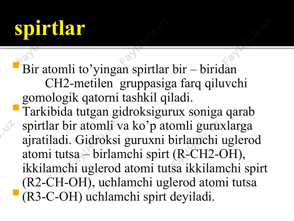 shqorning suvli eritmasi ta’sirida bu reaksiya natijasida qo`shimcha maxsulotlar hosil bo`ladi. toza spirt olish uchun agoh ishlatiladi. r-cl + naoh  r-oh + nacl + h2o alkenlarni gidratlab metanol karbinol yog’och spirti sanoatda metanol is gazidan sintez qilib olinadi: metanol sanoatda yog`ochni quruq haydab ham olinadi, shuning uchun uni “yog`och spirti” deyiladi. eterifikatsiya gidroliz eterifikatsiya reaksiyasida ajralayotgan suvning vodorodi spirtdan, oh esa kislotadan hosil bo’ladi oh dagi h hisobiga boradigan reaksiyalar aktiv metallar bilan reaksiyaga kirishib alkagolyatlarni hosil bo’lishi. 2c2h5oh +2na → 2c2h5ona + h2 alkagolyat beqaror bo`lganligi uchun tezda havodagi nam ta`sirida parchalanib spirt va ishqor hosil qiladi: c2h5ona + hoh = c2h5oh + naoh beqaror natriy etilat kimyoviy xossalari metanol xlorangidrid metilatsetat oh dagi h hisobiga boradigan reaksiyalar oh hisobiga boradigan reaksiyalar hi > hbr > hcl > hf aktivligi kamayadi c2h5oh + hbr = c2h5br + h2o oh hisobiga boradigan reaksiyalar tionilxlorid c2h5oh + pbr5 → c2h5br …