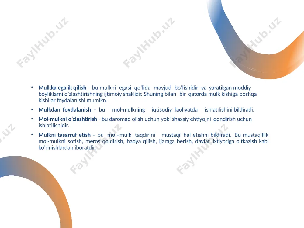 r, transport vositalari, pul jamg’armalari, uy-ruzg’or va shaxsiy iste‘mol buyumlari, yakka tartibda faoliyati uchun kerakli bo’lgan ishlab chiqarish vositalari hisoblanadi. xususiy mulk – bu ayrim tadbirkolarga, sohibkorlarga, ishbilarmonlarga qarashli yollanma mehnatga asoslangan va egasiga foyda keltiruvchi mulkdir. o’zbekiston respublikasining ”mulkchilik to’g’risida”gi qonunda (7-modda), xususiy mulk o’z mol-mulkiga xususiy egalik qilish, undan foydalanish va uni tasarruf etish huquqidan iboratdir deb ko’rsatilgan va qonunlar doirasida uning miqdori va qiymati cheklanmasligi ham qayd etilgan. xulosa o’rnida aytish mumkinki, turli shakldagi mulklarning qo’shilishi natijasida aralash mulk paydo bo’ladi va bu mulkdan hosil bo’lgan daromaddan har bir sub‘ekt - mulk egasi - o’zining ulushini oladi va bu mulkni rivojlanishidan manfaatdor bo’ladi. o’zbekistonda mulkni davlat tasarrufidan chiqarish va xususiylashtirish maqsadi, yo’llari va usullari iqtisodiyotni rivojlantirishning bozor yo’li - bu kup mulkchilikdir yoki ko’p ukladli iqtisodiyotni va raqobatlashuvchi muhitni shakllantirishdir. buning asosida davlat tasarrufida bo’lgan mulkni xususiylashtirib, uni jamoa, ijara korxonalariga, aktsiya jamiyatlarga, ma‘suliyatli cheklangan jamiyatlarga, davlatga …