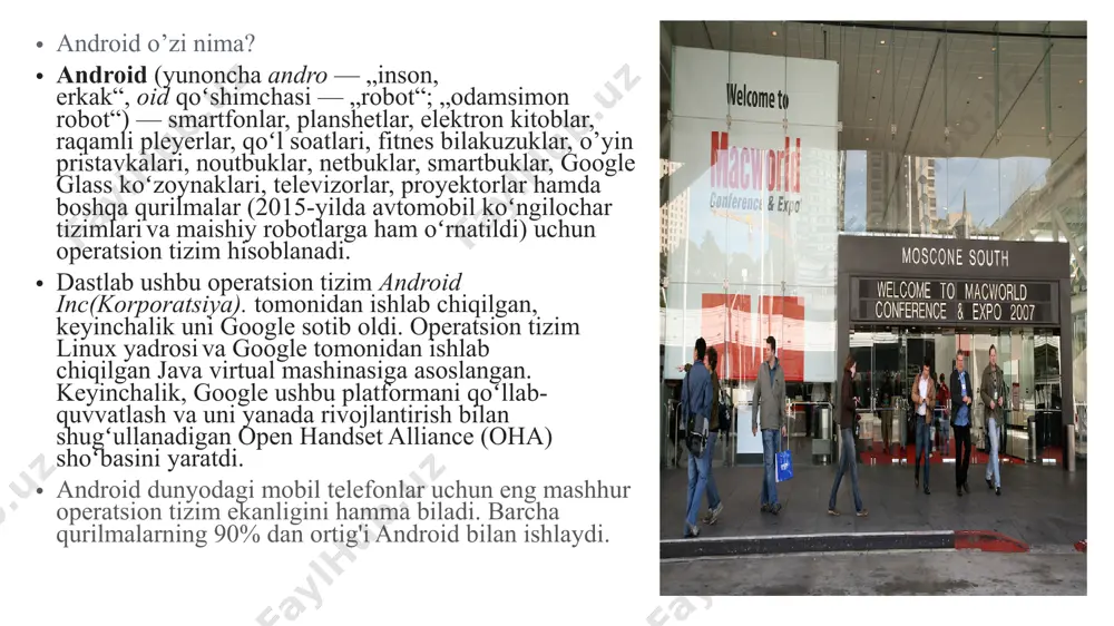 arkasi: spark, nexia, lacetti… bundan kelib chiqadiki, android operatsion tizimi barcha funksiyalrni belgilab beradi, dasturiy ta’minot, ya’ni, proshivka interfeysi ishlab chiqaruvchiga bog’liq. miui xitoy google xizmatlarini - internet qidiruvi, elektron pochta, sun'iy yo'ldosh orqali navigatsiya va boshqalarni, jumladan, android uchun google play mobil ilovalar do'konini taqiqladi. ushbu operatsion tizimga ega telefonlar xitoyda sotiladi, lekin ular boshqa ilovalar do'konlari bilan ishlaydi - ko'pincha smartfon ishlab chiqaruvchilari. ulardan ba'zilari o'zlarining android proshivkalarini ishlab chiqadilar - masalan, xiaomi: bu kompaniya dastlab miui proshivkasini, ios tizim interfeysiga ega android versiyasini va shundan keyingina ushbu tizimga ega o'z telefonini chiqardi. miui hali ham android smartfonining istalgan egasi tomonidan yuklab olinishi va o'rnatilishi mumkin va u sukut bo'yicha xiaomi telefonlarida o'rnatiladi. unda google xizmatlari yo'q - ularni o'rnatish uchun siz maxsus dasturiy ta'minot paketini yuklab olishingiz kerak. gartner ma'lumotlariga ko'ra, 2014 yilning uchinchi choragida dunyodagi barcha smartfonlar sotuvining 5 foizi xiaomi hissasiga to'g'ri kelgan. xiaomi corporation …