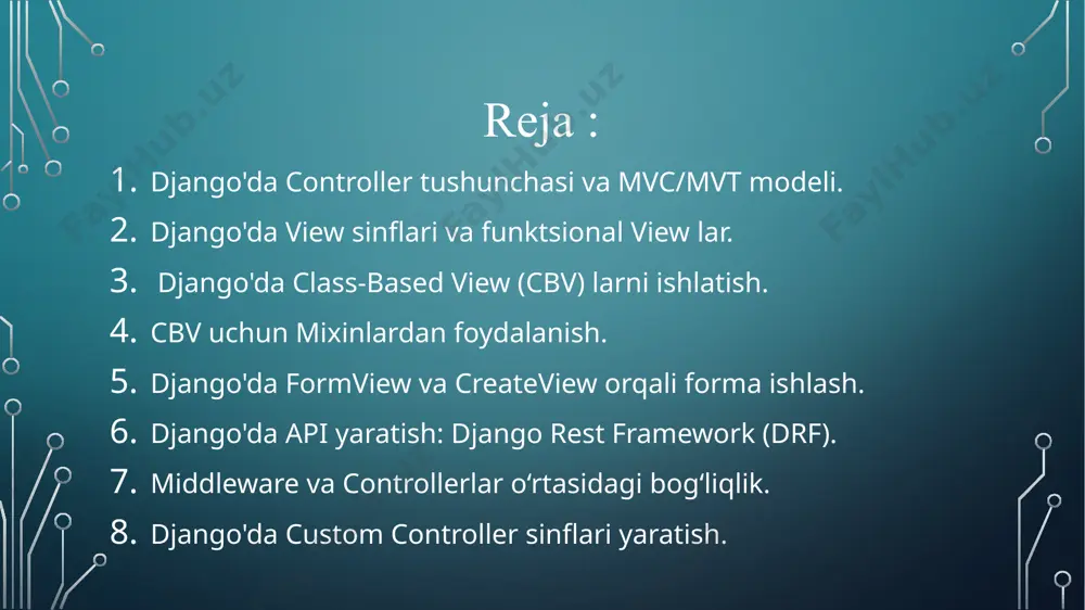 anda model (ma’lumotlar bazasi bilan ishlovchi qatlam) bilan o‘zaro aloqada bo‘ladi va natijani ko‘rsatish uchun template (shablon)ga uzatadi. django’dagi view — aslida mvc’dagi controller vazifasini bajaradi. vazifasi: http so‘rovlarni qabul qiladi (get, post, put, delete) ma’lumotlar bazasi bilan ishlaydi (model orqali) html (template) ni foydalanuvchiga qaytaradi 5 funksiya-based view misoli: class-based view misoli: student_list – bu oddiy funksiya. request – foydalanuvchidan kelgan http so‘rov. student.objects.all() – modeldan barcha studentlarni olish. render() – html sahifani (template) va ma’lumotni birlashtirib, foydalanuvchiga qaytaradi. studentlistview – bu klass, u listview dan meros olgan. model – model nomi (student), undan ma’lumot olinadi. template_name – ishlatiladigan html fayl. context_object_name – template’da ishlatiladigan o‘zgaruvchi nomi (students). 6 ikkala turdagi view ham foydalanuvchi so‘roviga javob qaytarish, modeldan ma’lumot olish va uni template (html sahifa) orqali foydalanuvchiga ko‘rsatish vazifasini bajaradi. 7 template — bu html shablon bo‘lib, view dan kelgan ma’lumotlarni foydalanuvchiga vizual tarzda ko‘rsatadi. joylashuvi: templates/ papkasi ichida …