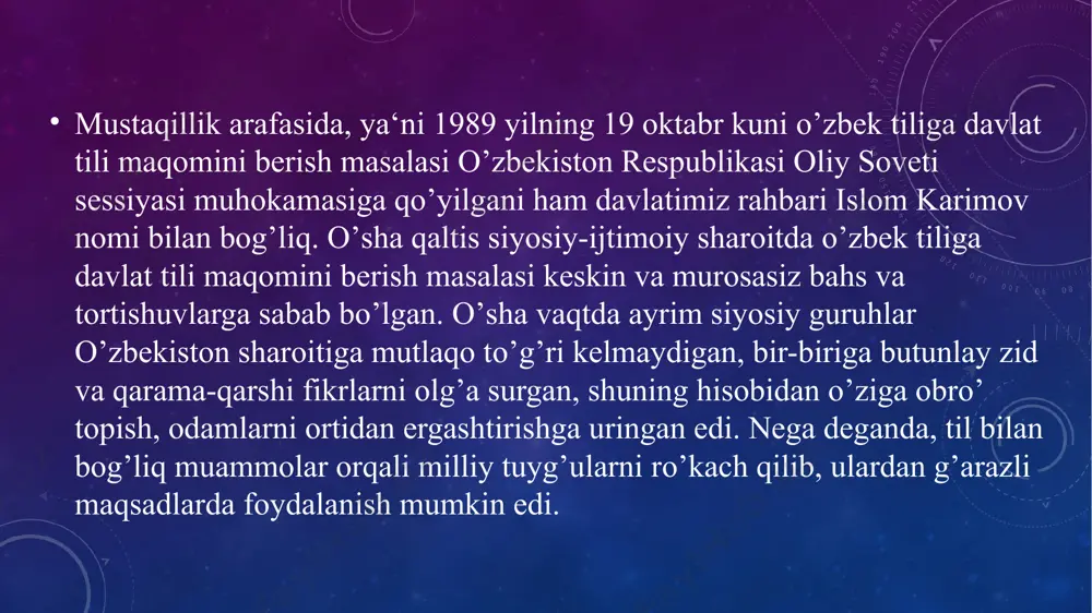 loyihasi matbuotda e‘lon qilindi. respublikalarda mazkur loyiha muhokama qilindi. respublikalar, jumladan, o‘zbekiston, markaziy idoralar hali o’zining eskicha hukmron mavqeyini saqlash ruhi singdirilgan bu hujjatdan qanoatlanmaganliklarini bildirdilar. sssr oliy soveti ittifoq shartnomasini o’zgartirish, sssrni teng huquqli suveren respublikalar federatsiyasi sifatida yangilash xususida xalqning fikrini bilish maqsadida 1991-yil 17-mart kuni butunittifoq referendumini o’tkazishga qaror qildi. 1991-yil 20-fevralda o‘zbekiston oliy kengashining rayosati ham referendum o’tkazishni ma‘qulladi va sssr oliy soveti tomonidan tayyorlangan byulleten bilan birga yana bitta qo’shimcha byulletenni ovozga qo’yishga qaror qildi. qo’shimcha byulletenga ―siz o’zbekistonning mustaqil teng huquqli respublika sifatida yangilangan ittifoq (federatsiya) tarkibida qolishiga rozimisiz?” degan savol qo’yildi. ovoz berishda qatnashgan saylovchilarning 93 foizi bu savolga ―ha‖ deb javob berdilar. demak, o’zbekistonliklar o’z mamlakatini mustaqil davlat sifatida federativ ittifoqda bo‘lishini, o‘zbekistonning suveren respublika sifatida rivojlanishini yoqlab ovoz bergan edilar. o‘zbekiston rahbariyati referendum natijalariga asoslanib, respublikalarga to’la mustaqillik berishni ko’zlamaydigan shartnoma loyihasini rad etdi. o‘zbekiston respublikasi prezidenti i.karimov o‘zbekiston kompartiyasi markaziy …