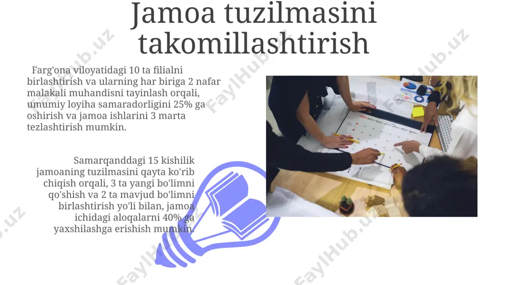 iant ko'rib chiqiladi: saylov yoki tayinlash orqali. rol taqsimoti esa, har bir a’zoning malaka va tajribasini hisobga olgan holda, 3 bosqichda amalga oshiriladi. jamoa tuzishning istiqbolli rejalari xalqaro hamkorlik doirasida, germaniya va aqshdan 3 nafar ekspert bilan hamkorlikda, 2026-yilga qadar 2 ta yangi innovatsion guruh tashkil qilish rejalashtirilgan. jamoa tuzishning istiqbolli rejalariga ko'ra, 2024-yilning 1-choragida toshkent shahrida 5 ta yangi loyiha guruhi tashkil etilib, har biriga 7-10 nafar mutaxassis jalb qilinadi. jamoa a’zolarini tanlash mezonlari номзодларни баҳолашда 10 баллик тизимдан фойдаланилади, бунда коммуникатив кўникмалар (4 балл), техник билимлар (3 балл) ва жамоада ишлаш малакалари (3 балл) эътиборга олинади, бу самарқанд вилоятидаги тажрибадан келиб чиқиб белгиланган. жамоага 7 нафар аъзо танланиши режалаштирилган бўлиб, уларнинг 2 нафари раҳбарлик лавозимларига, 5 нафари эса ижрочилик вазифаларига тайинланади. бу жамоанинг самарадорлигини ошириш учун 3 ойлик синов муддати белгиланган. innovatsion g'oyalarni qo'llab-quvvatlash 01 02 samarqanddagi texnoparkda 2023-yilda 7 ta yangi innovatsion g'oya 15 ta mutaxassis tomonidan …