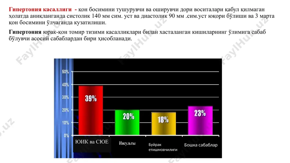 n allari blokatorlari - fenigidin diltiazem b) kaliy kanallari aktivatorlari - minoksidil diazoksid 2. azot oksidi donatori ( n 0 ) natriya nitroprussid 3. turli preparatlar - apressin dibazol magniya sulfat iv. suv – tuz almashinuviga ta'sir kiluvchi dv (diuretiklar) dixlotiazid furosemid spironolakton neyrotrop gipotenziv dori vositalari gipertoniya kasalligining asosan boshlang'ich bosqichida qo'llaniladi, ba'zi tinchlantiruvchi maqsadda xam qo'llaniladi. markaziy ta'sirli imidazol unumlaridan - k l of el i n (katapresan, klonidin gidroxlorid, gemiton). gipotenziv ta'siri postsinaptik a 2-adrenoretseptorlarni va uzunchok miya ventrolateral kismidagi retseptorlar – vazomotor markazga impuls o'tishini tormozlaydi. klofellin kuz tomchisi sifatida glaukoma kasalligida kullaniladi. klofelin ishtaxani oshiradi, so'lak va oshqozon bezlari sekretsiyasini kamaytiradi (ogiz qurishi chakiradi). qabziyat kelib chiqishi mumkin. natriy ionlarini saqlab qoladi, shu sababli siydik xaydovchi dori vositalari bilan qo'llaniladi. davolashda doza sekinlik bilan kamaytirib boriladi, birdan to'xtatilganda “otmen qilish sindromi” (gipertonik kriz,uykusizlik) kelib chikadi.uxlatuvchi, narkotik, psixotrop va etil spirti bilan kullanilganda potentsirlovchi t/k davomiyligi …