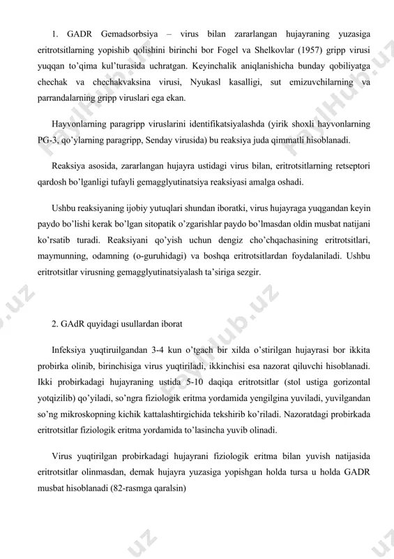 trotsitlar olinmasdan, demak hujayra yuzasiga yopishgan holda tursa u holda gadr musbat hisoblanadi (82-rasmga qaralsin) virus va hujayraning turiga bog’liq holda eritrotsitlarning joylashuvi 3 xil bo’lishi mumkin: eritrotsitlar hujayraning chetki qismiga (cho’chqalarda afrika o’lati kasalligining virusi) joylashgan; eritrotsitlar hujayra qavatiga to’planib (gripp virusi) joylashgan; eritrotsitlar hujayra qavatida diffuziyali (paragripp virusi) joylashgan. har bir virus ma’lum bir turdagi hayvonlar qonidagi eritrotsitlarga adsorbsiyalanishga qodir. eritrotsitlarni gemagglyutinatsiyalanishiga qodir bo’lgan viruslar gemadsorbsiya qobiliyatiga ham ega bo’ladi. agar virus o’stirilgan hujayraga spt ko’rsatsa gadr, spt nisbatan oldin paydo bo’ladi. bu usul o’stirilgan ayrim viruslarni indikatsiyalashda ko’p qo’llaniladi. ammo bir qator viruslarni (cho’chqalarning afrika o’lati, yirik shoxli hayvonlarning paragripp –3 va boshqa) indikatsiyalashda bu reaksiyaning o’rnini hech bir reaksiya bosa olmaydi. kasallik yuqqandan so’ng 3-4 kunlar gemadsorbsiya bo’lmasa har 2-3 kundan so’ng navbatdagi probirkalar olinib, virus yuqqan hujayralarda yuqorida aytib o’tilgan usul asosida gadr qo’yiladi. o’stirilgan hujayra bor probirkalar 14-20 kun kuzatish ostida bo’ladi. gemadsorbsiya reaksiyasi …