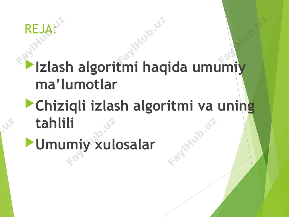z, chunki ba'zi algoritmlar tartiblangan ro'yxatlarda yaxshiroq ishlaydi. odatda, qidiruv faqat kerakli elementning ro'yxatda mavjudligini tekshirish uchun emas, balki ushbu kalit qiymatiga tegishli ma'lumotlarni olish uchun ham amalga oshiriladi chiziqli qidiruv - linear search deb ataladi, va bu usul kodi quyidagi ko'rinishda: chiziqli izlash orqali oddiy masalani qarasak izlashni butun to‘plam bo‘ylab amalga oshiriladi istalgan element topishimiz mumkin yoki bu element topilmasligi mumkin agar berilgan element to‘plamda topilsa izlash ohirigacha olib bormay tugatish mumkin element yo‘qligi ma’lum bo‘lsa izlashga hojat yo‘q. * berilgan massivdan sonni qidirish ushbu massivdan 12 sonini izlaymiz : 35 42 12 5 \\ 12 topildi! boshlash berilgan massivdan sonni qidirish masssivdan 13ni qidiramiz : 35 42 12 5 \\ 13 topilmadi! boshlash e’tiboringiz uchun rahmat *
