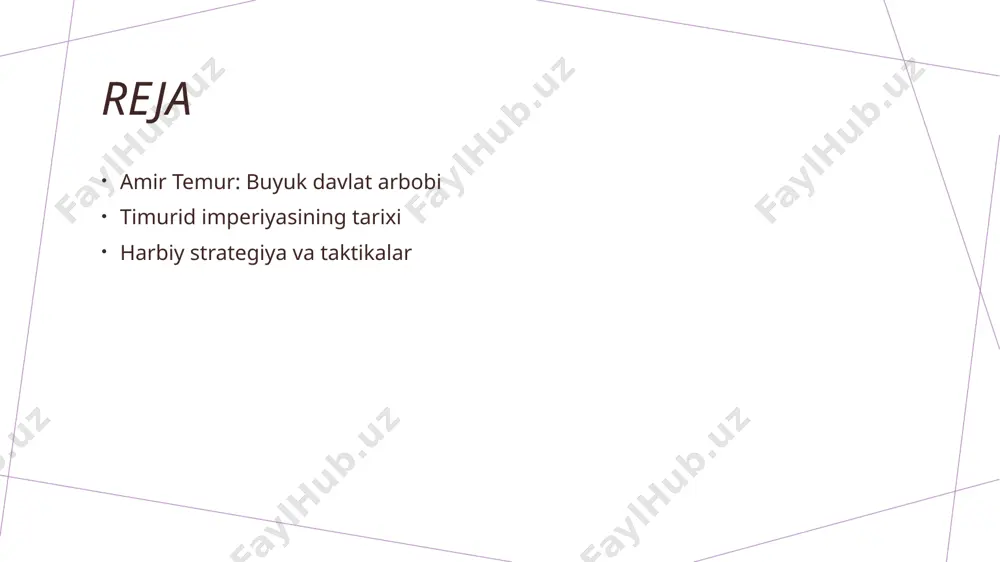 lat boshqaruvida barqarorlik va samaradorlikni ta'minladi. timurid imperiyasining asoslari: amir temurning yutug'i va ta'siri. amir temurning yutug'i amir temur, o'z davrida katta hududlarni zabt etib, timurid imperiyasining asoslarini yaratdi. u, shuningdek, markaziy osiyo tarixida muhim figura hisoblanadi. siyosiy boshqaruv amir temur, davlat boshqaruvini mustahkamlash uchun innovatsion usullarni tatbiq etdi, shu jumladan, samarali ma'muriyat tizimini joriy etdi va qonunlarni kuchaytirdi. madaniy taraqqiyot timurid imperiyasida madaniyat va san'at rivojlandi. amir temur, san'atkorlar va olimlarga homiylik qilar ekan, o'z davrining madaniy merosini boyitdi. timurid imperiyasining madaniy merosi va san'atda inkirozi. 1 madaniy meros timurid imperiyasi davrida yuksak madaniyat, arxitektura va ilm-fan rivojlandi. samarqand va buxoro kabi shaharlar madaniyat markazlariga aylandi. 2 san'at va arxitektura amir temur davrida mehrob, minora va masjidlar qurilishi yuqori darajada rivojlandi. ulug'bek madrasasi va registon majmuasi bunga misol bo'ladi. 3 ilm-fan va adabiyot timuridlar davrida matematik, astronomik va tibbiy ilm-fanlar rivojlandi. alisher navoiyning asarlari adabiyotga katta hissa qo'shdi. timurid …