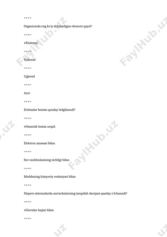 v bilan reaksiyaga kirishadi ==== elektronlar bilan almashinadi ==== faqat molekulyar shakllar bilan ishlaydi ++++ oqsilli bufer tizimi qaysi biologik jarayonlarda muhim rol o‘ynaydi? ==== # oqsil bufer tizimlari oqsillar va kislotalarning muvozanatini saqlashda muhimdir, ayniqsa hujayra ichida ==== faqat qattiq moddalar bilan ishlaydi ==== faqat molekulyar shakllarda ishlaydi ==== suvni taqsimlashda yordam beradi ++++ gemoglobin va oksigemoglobinli bufer tizimining roli qanday? ==== #gemoglobin kislorodni tashish va ph ni boshqarishda ishtirok etadi, oksigemoglobin kislorodni bog‘lash orqali ph ni barqarorlashtiradi ==== gemoglobin faqat kislorod bilan reaksiyaga kirishadi ==== gemoglobin faqat suyuqlikda ishlaydi ==== oksigemoglobin faqat kislorodli muhitda faoliyat ko‘rsatadi ==== ++++ gemoglobin bufer tizimi qanday ph oralig‘ida ishlaydi? ==== #7.2–7.6 oralig‘ida ==== 8–7.2 oralig‘ida ==== 5–8.0 oralig‘ida ==== 0–7.2 oralig‘ida ++++ qondagi gemoglobin va fosfatli bufer tizimlari qanday o‘zaro bog‘liq? ==== #gemoglobin karbonat angidridni neytrallashtiradi, fosfat esa hujayra ichida ph ni muvozanatlaydi ==== fosfat tizimi gemoglobinning faolligini oshiradi ==== gemoglobin va …