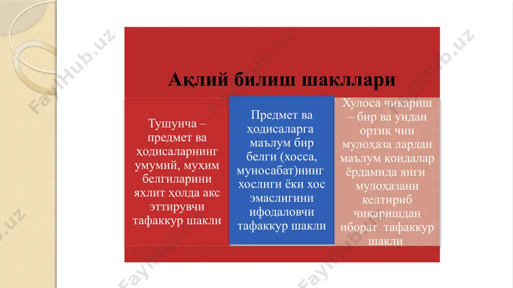 a zid mulohazalarga nisbatan qo‘llaniladi.bu qonun «a ham b, ham b emas bo‘la olmaydi» formulasi orqali beriladi. masalan: «arastu-mantiq fanining asoschisi» va «arastu-mantiq fanining asoschisi emas»-bu o‘zaro zid mulohazalardir. bu zid mulohazalarning har ikkalasi bir vaqtda xato bo‘lmaydi. ulardan birinchisi chin bo‘lgani uchun, ikkinchisi xato bo‘ladi. o‘zaro qarama-qarshi bo‘lgan «bu dori shirin» va «bu dori achchiq» mulohazalarining esa ikkalasi bir vaqtda, bir hil nisbatda xato bo‘lishi mumkin. chunki dori shirin ham, achchiq ham bo‘lmasligi, balki bemaza yoki nordon bo‘lishi mumkin. uchinchisi istisno qonuni uchinchi istisno qonuni nozidlik qonunining mantiqiy davomi bo‘lib, fikrning to‘liq mazmunini qamrab olib bayon qilingan ikki zid fikrdan biri chin, boshqasi xato, uchinchisiga o‘rin yo‘q ekanligini ifodalaydi. bu qonun «a b, yoki b emasdir» formulasi orqali beriladi. masalan: talaba imtihonda «a’lo» baho oldi. talaba imtihonda «ikki» baho oldi. agar, «talaba imtihonda «a’lo» baho oldi» va «talaba imtihonda «a’lo» baho olmadi», mulohazalarini tahlil qilsak, unda bu mulohazalardan biri …