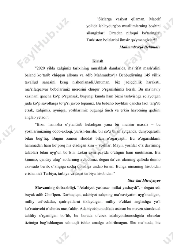 asosiy bob, xulosa va foydalanilgan adabiyotlardan iborat. i bob. "kecha va kunduz" romanining o'zbek adabiyotidagi tutgan o'rni. i.1. cho'lponning "kecha va kunduz" romani haqida. ikki kitob muallifi cho’lpon “kecha va kunduz” romanini 1935-1937-yillarda yaratgan. bu roman o’zbek millatining badiiyatda aks etgan solnomasidir. romanda aks ettirilgan voqea 1-jahon urushi endigina boshlangan kezlarda o’zbekistondagi viloyatlardan birida bo’lib o’tadi. romandagi qahramonlardan birining: “biz yaqindagina eshon to’poloni bo’lib o’tgan joydan uncha olisda emasmiz” degan so’zlariga qarab, voqea andijon viloyatining dukchi eshon qo’zg’aloni bo’lib o’tgan marhamat tumaniga yaqin bir joyda bo’lib o’tgan deb aytishimiz mumkin. bu davr o’zbek xalqining 2 tomonlama zulm ostida ezilgan davri edi. mahalliy boylar bu davrda rus mustamlakachilari bilan og’iz - burun o’pishib, o’z xalqining tarixiy taraqqiyoti haqida emas, uni iqtisodiy, ijtimoiy, madaniy qoloqlikdan xalos etish to’g’risida emas, balki o’zlarining rohat-farog’atlari, moddiy farovonliklari haqidagina jon kuyuntirishar edi! feodal tuzum va mustamlakachilik sharoitida xalq to’g’risida o’ylovchi, uning qiyin, mashaqqatli hayotini yaxshilash haqida …
