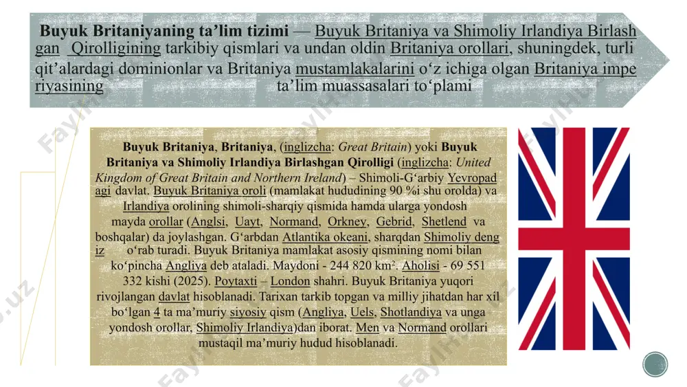 boʻlib, oʻz ichiga scilly va uayt kabi 100 dan ortiq kichik orollarini ham oladi. uels (wales) — buyuk britaniyanning maʼmuriy-siyosiy qismi (tarixiy-geografik hudud). uels yarim orol va unga yondosh anglsi orolida joylashgan. maydoni- 20,8 ming km². aholisi 3 mln. kishiga yaqin (2000). eng katta shahri — kardiff. maʼmuriy jihatdan 8 graflikka boʻlingan. tub aholisi — valliy (uels)lar tashkil etadi. irlandiya (irlandcha: éire, inglizcha: lreland) – gʻarbiy yevropada, irlandiya orolida joylashgan davlat. maydoni – 70 273 km2. aholisi – 5 123 536 kishi (2022). maʼmuriy jihatdan 26 ta graflikka boʻlinadi, ular 4 ta tarixiy viloyat (province)ra birlashadi. poytaxti – dublin shahri. xalqaro amaliyotda shimoliy irlandiyadan ajratish uchun irlandiya respublikasi shimoliy yevropadagi davlat boʻlib, irlandiya orolining katta qismini egallaydi. shimolda u shimoliy irlandiya buyuk britaniyaning bir qismi) bilan chegaradosh. shotlandiya - buyuk britaniyaning maʼmuriy-siyosiy qismi (tarixiygeografik hudud). buyuk britaniya orolning shim. qismi va unga yondosh orollar (gebrid, orkni, shetland)da joylashgan. unesko va …