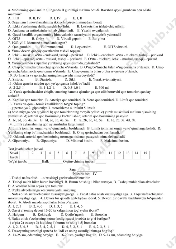 glutinin moddalarini kimlar aniqlagan? a. 1907 yil y.yanskiy, 1901 yil k. lanshteyner. b. 1842 yil v.a. basov, 1907 yil y.yanskiy. d. 1901 yil k. lanshteyner, 1907 i.p.pavlov. e. 1956yilk.r.raximov, 1984yili.p.pavlov 2. odamlar orasida eng ko‘p uchraydigan qon guruhini ko‘rsating. a. i guruh b. ii guruh d. iii guruh e. iv guruh 3. agglyutinin moddasi qonning qaysi qismida bo‘ladi? a. eritrotsitda b. leykotsit d. trombotsit e. plazma 4. mohiraning qoni analiz qilinganda ii guruhligi ma’lum bo‘ldi. ravshan qaysi guruhdan qon olishi mumkin? a. i, iii b. ii, iv d. i, iv e. i, ii 5. organizm himoyalanishining ikkinchi bosqichi nimadan iborat? a. ichki a’zolarning shilliq pardali bo‘lishi. b. leykotsitlar ishlab chiqarilishi. d. antitana va antitoksinlar ishlab chiqariladi. e. yaxshi ovqatlanish. 6. qaysi kasallik organizmning himoyalanish xususiyatini pasaytirib yuboradi? a. oits b. gripp d. virusli gepatit e. bo‘g‘ma 7. 1983 yil i. montane nimani aniqlagan? a. qon guruhini. b. immunitetni. d. leykotsitni. …