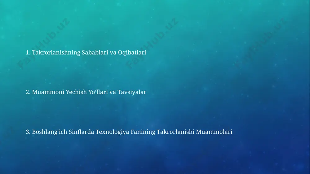 m va koʻnikmalarini baholash har bir oʻquvchi uchun shaxsiylashtirilgan baho varaqasi tuzish va unda oʻquvchining kuchli va kuchsiz tomonlari, shuningdek, rivojlanish traektoriyasi aks ettirilishi maqsadga muvofiq. oʻquvchilarning texnologiya fanidan bilim va koʻnikmalarini baholashda 30% amaliy topshiriqlar, 40% nazariy bilimlarini tekshirish va 30% loyiha ishlarini baholash orqali amalga oshirilishi mumkin. kelajakdagi istiqbollar interfaol o'quv dasturlari va o'yinlarni qo'llash orqali texnologiya fanini takrorlash 7-sinf o'quvchilarining axborot texnologiyalari bo'yicha bilim va ko'nikmalarini 30% ga yaxshilashga yordam beradi, bu esa ularning raqobatbardoshligini oshiradi. texnologiya fanini takrorlashning samaradorligini baholashda, o'quvchilarning amaliy topshiriqlarni bajarish tezligi va sifatini kuzatish orqali 15% ga yaxshilanishni kuzatish mumkin, bu esa o'quv jarayonini yanada takomillashtirishga yordam beradi. boshlangʻich sinflarda texnologiya fanining takrorlanishi muammosi birinchi sinfdan to toʻrtinchi sinfgacha texnologiya darslarida 5-7 ta asosiy mavzu takroran berilishi kuzatiladi, bu esa oʻquv rejasining optimal tuzilishiga putur yetkazadi va vaqtni samarasiz ishlatilishini keltirib chiqaradi. davlat taʼlim standartlariga koʻra, boshlangʻich sinflarda texnologiya fanidan kamida 25 …