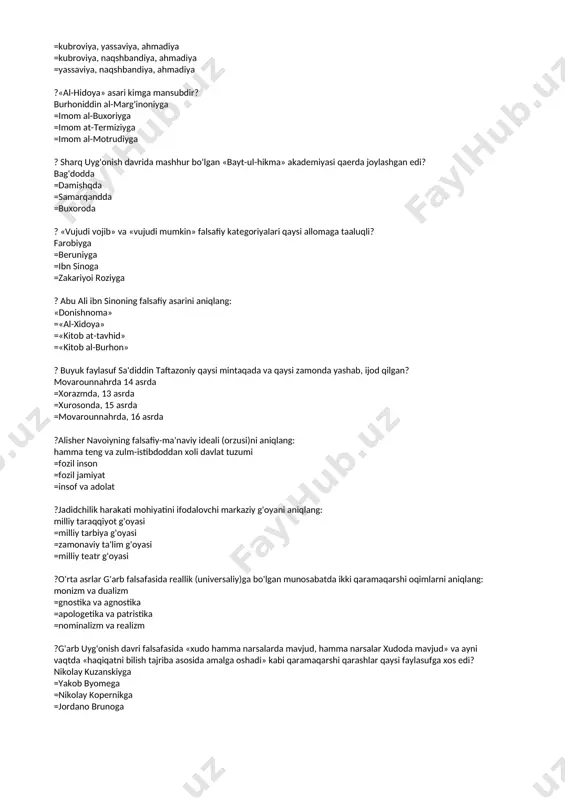 srda =xorazmda, 13 asrda =xurosonda, 15 asrda =movarounnahrda, 16 asrda ?alisher navoiyning falsafiy-ma'naviy ideali (orzusi)ni aniqlang: hamma teng va zulm-istibdoddan xoli davlat tuzumi =fozil inson =fozil jamiyat =insof va adolat ?jadidchilik harakati mohiyatini ifodalovchi markaziy g'oyani aniqlang: milliy taraqqiyot g'oyasi =milliy tarbiya g'oyasi =zamonaviy ta'lim g'oyasi =milliy teatr g'oyasi ?o'rta asrlar g'arb falsafasida reallik (universaliy)ga bo'lgan munosabatda ikki qaramaqarshi oqimlarni aniqlang: monizm va dualizm =gnostika va agnostika =apologetika va patristika =nominalizm va realizm ?g'arb uyg'onish davri falsafasida «xudo hamma narsalarda mavjud, hamma narsalar xudoda mavjud» va ayni vaqtda «haqiqatni bilish tajriba asosida amalga oshadi» kabi qaramaqarshi qarashlar qaysi faylasufga xos edi? nikolay kuzanskiyga =yakob byomega =nikolay kopernikga =jordano brunoga ?yangi davr ingliz falsafasida qaysi faylasuf «davlatning monarxiya shakli maqsadga muvofiqdir» degan? tomas gobbs =frensis bekon =jan lokk =benedikt spinoza ?rene dekartning dualistik ta'limotini aniqlang: borliqning asosida modda va ruh yotdai va u xudoga bo'ysunadi =borliqning asosida modda va ruh yotadi …