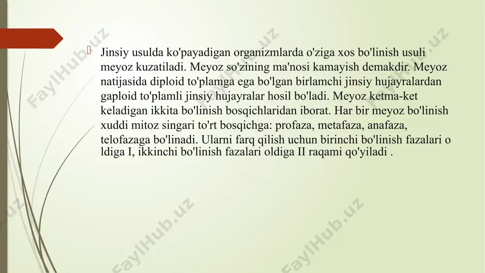 igan bosqichlardan iborat bo'lib, bu- ning natijasida xromosomalar ma'lum o'zgarishga uchraydi. buni sxema tarzida quyidagicha ifodalash mumkin. interfaza profaza i interkinez profaza ii metafaza i metafaza ii anafaza i anafaza ii telofaza i telofaza ii meyozning birinchi bo'linishi bilan ikkinchi bo'linishi orasidagi holat interkinez deb ataladi. ko'pincha interkinez holat sodir bo'lmay, telofaza i profaza ii ga ulanib ketishi ham mumkin. meyozning biologik ahamiyati jinsiy jarayon mavjud bo'lganda xromosomalar sonining barqarorligini saqlashdan iborat. bundan tashqari, o'tish natijasida rekombinatsiya paydo bo'ladi, xromosomalarda naslga moyillikning yangi kombinatsiyalari paydo bo'ladi. meyoz, shuningdek, keyingi urug'lantirish paytida irsiy moyillikning yangi kombinatsiyalari paydo bo'lishida kombinativ o'zgaruvchanlikni ta'minlaydi. mayoz hayvonlarda jinsiy hujayralar (gametalar) va o'simliklarda sporalar hosil bo'lishining asosini tashkil etadi. jinsiy ko'payish va naslning kombinativ o'zgaruvchanligini ta'minlaydi meiosis (yunon tilidan. meiosis - pasayish) - hujayraning bo'linish usuli, buning natijasida qiz hujayralarida xromosomalar sonining kamayishi (kamayishi); jinsiy hujayralar hosil bo'lishidagi asosiy bo'g'in. meyoz paytida bitta diploid hujayra (xromosomalarning …
