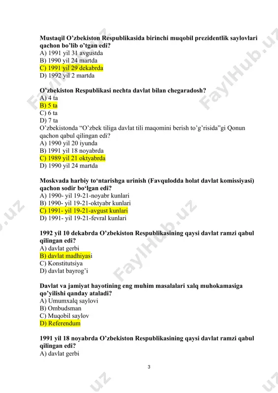 ikasi konstitutsiyasiga qanday o‘zgartirish kiritiladi? + referendum orqali oliy majlis yig‘ilishida senat yig‘ilishida oliy kengash yig‘ilishida davlat hokimiyati necha bo‘g‘inga bo‘linadi? a) 1 b) 2 c) 3 d) 4 o‘zbekiston milliy taraqqiyot yo‘li bu – a) bozor munosabatlariga asoslangan huquqiy demokratik davlat qurish b) o‘z milliy xususiyatlarini saqlab qolish c) jahon bozoriga chiqish d) ijtimoiy himoyani mustahkamlash o‘zbekstonning mustaqil taraqqiyot yo‘li bugungi kunda nima deb nomlanadi? a) o‘zbek modeli b) bozor iqtisodiyoti c) demokratik jamiyat d) konstitutsiyaning ustivorligi “o‘zbek modeli” nechta tamoyil asosida joriy etilgan? a) 3 b) 6 c) 5 d) 7 taraqqiyotning “o‘zbek modeli” ning asoschisi – a) m.s.gorbachev b) r.nishonov c) v.elsin d) i.a.karimov taraqqiyotning “o‘zbek modeli” qaysi yili ilgari surilgan? a) 1996 yilda b) 1990 yilda c) 1992 yilda d) 1991 yilda mustaqil o’zbekiston respublikasida ikkinchi prezidentlik saylovlari qachon bo’lib o’tgan edi? a) 1991-yil 29-dekabrda b) 2000-yil 9-yanvarda c) 2007-yil 23-dekabrda c) 2015-yil 29-martda qaysi yillarda …