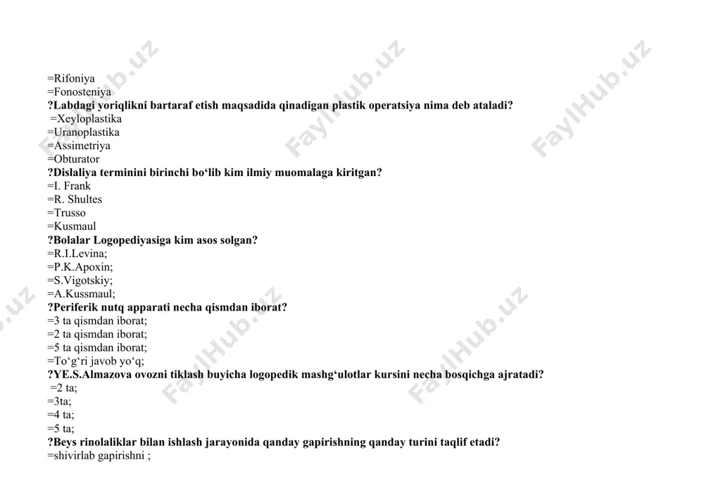 stki jagning bir – biriga nomutanosibligi ?pereferik xarakterdagi organik nutq buzilishlari bu – =rinolaliya; dislaliya; =afoniya, =disfoniya; =dizartriya. ?«sh» tovushi qanday xosil qilinadi: =«s» tovushini aytirib turib, til uchi yukori alveolalar tomon kutariladi; =«z» tovushini aytirib turib, til uchi yukori alveolalar tomon kutariladi; =«t» tovushi aytirib turilib, til uchi pastga bosilib, seki nasta orkaga itariladi; =til uchi pastga tishlar orkaga bosib turilib, sh tovushi aytiriladi ?«k» tovushi qaysi bо‘g‘indan xosil qilinadi: =ta bо‘g‘inidan; =pa bо‘g‘inidan; =la bо‘g‘inidan; =da bо‘g‘inidan. ?uronoplastika bu – =kattik va yumshok tanglay operatsiyasi =yukori lab operatsiyasi; =tishlar katorini tо‘g‘rilash; =kichiq tilcha operatsiyasi. ?xeyloplastika bu – =yukori lab opreatsiyasi; =kattik tanglay operatsiyasi; =yumshok tanglay operatsiyasi; =tishlar katorini tо‘g‘rilash ?ovozni xosil qilish qaysi tovushdan boshlanadi. =m tovushidan =n tovushidan =a tovushidan =u tovushidan. ?rinolaliyada undosh tovushlar kuyilishi ustida ishlash qaysi tovushdan boshlanadi. =f,p tovushdan =k,g tovushdan = j,t,d tovushdan =s,z tovushdan ?dislaliya bilan dizartriyaning о‘xshash tomonlari: =tovushlar talaffuzidagi …
