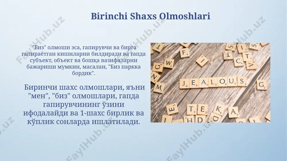 irok etuvchi shaxsning jinsini bildiradi va 1- va 2- shaxs olmoshlarida ko’rinmaydi. uchinchi shaxs olmoshlari, ya’ni “u”, “u”, “ular” kabi olmoshlar, jinsiy farqni aniq ko'rsatadi va jumlada ishtirok etuvchi predmet yoki shaxsning jinsini aniqlashda muhim rol o'ynaydi, jumladan, 2 ta asosiy jins va 1 ta umumiy jins mavjud. ikkinchi shaxs olmoshlari ikkinchi shaxs olmoshlari fe’lning shaxs-son qo‘shimchalari bilan mos kelishi kerak. masalan, "sen borasan", "siz borasiz" yoki "siz borasizlar" kabi birikmalar grammatik jihatdan to‘g‘ri hisoblanadi. o‘zbek tilida ikkinchi shaxs olmoshlarining ikki asosiy turi mavjud: "sen" (norasmiy, birlik) va "siz" (rasmiy, birlik/ko‘plik). ularning ishlatilishi ijtimoiy munosabatlarga, yosh farqiga va muloqot kontekstiga bog‘liq. olmoshlar va nutq madaniyati olmoshlarni ortiqcha ishlatish yoki noto'g'ri qo'llash (masalan, 7 ta jumladan 5 tasida bir xil olmoshni takrorlash) nutqning monoton va zerikarli bo'lishiga, shuningdek, tushunmovchiliklarga olib kelishi mumkin. nutq madaniyatida olmoshlarning to'g'ri qo'llanilishi, jumladan, gender va son jihatdan mosligi, 5 ta asosiy xato turini kamaytirishga va aniq, …