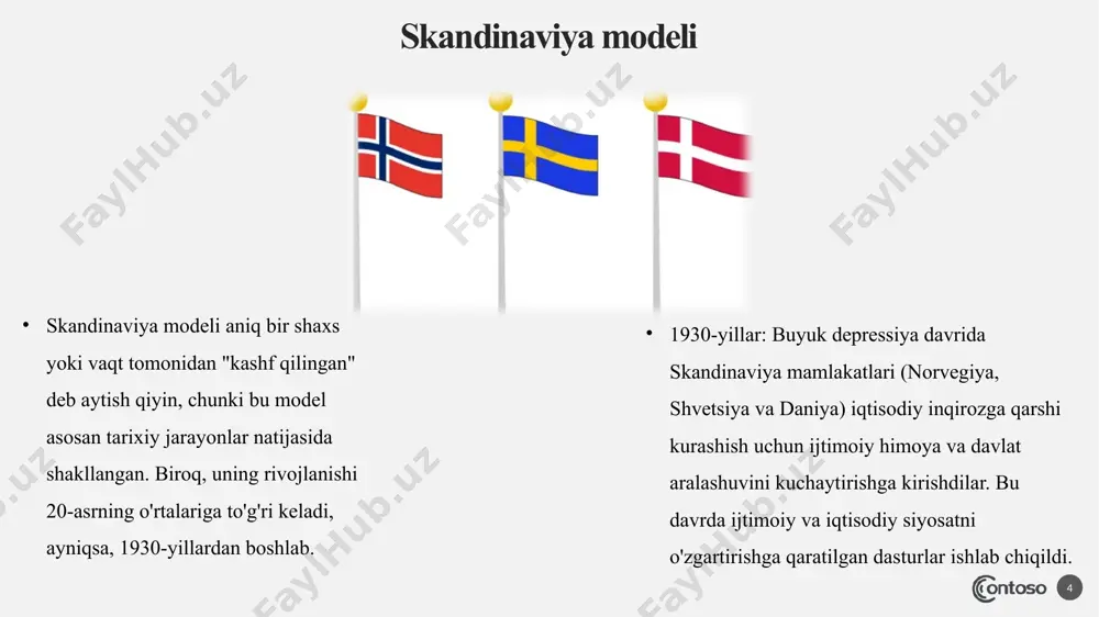 uda muhim ahamiyatga ega. davlat ko'plab ijtimoiy xizmatlar va nafaqa tizimlarini taqdim etadi, bu esa fuqarolarni iqtisodiy noaniqliklardan himoya qiladi. 2. korporativizm: bu modelda ish beruvchilar va ishchilar o'rtasidagi munosabatlar ko'pincha korporativ tizim orqali boshqariladi. tashkilotlar va sindikatlar o'zaro hamkorlikda ishlaydi va ish sharoitlarini yaxshilash uchun kelishuvlarga erishishga intiladi. 3. ta'lim va malaka: continental modelida ta'lim tizimi ko'proq professional va texnik ko'nikmalarga e'tibor qaratadi. o'rta maxsus ta'lim va kasb-hunar ta'limi keng tarqalgan bo'lib, bu ishchi kuchining malakasini oshirishga yordam beradi. 4. iqtisodiy tartibga solish: davlat iqtisodiy faoliyatni tartibga solishda muhim rol o'ynaydi. bu, ayniqsa, moliya va sanoat sohalarida ko'rinadi, chunki davlat ko'pincha strategik sektorlarga investitsiyalar kiritadi. 12 5. katta korporatsiyalar: yevropa modelida katta korporatsiyalar ko'plab iqtisodiy faoliyatlarda muhim rol o'ynaydi va ular davlat bilan yaqin hamkorlikda ishlaydi. xulosa 13 har bir model o'ziga xos afzalliklari va kamchiliklariga ega bo'lib, mamlakatlarning iqtisodiy rivojlanishi, madaniyati va siyosiy tizimlariga qarab farqlanadi. ijtimoiy qoʻllab-quvvatlash …