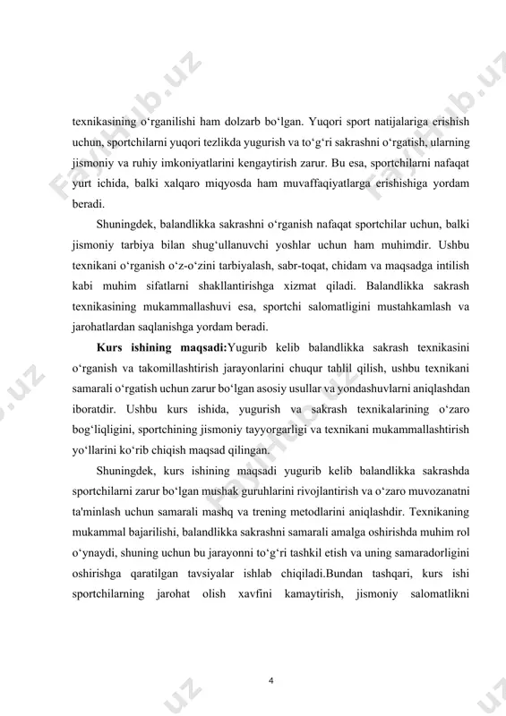 natijalarga erishish uchun zarur bo‘lgan mashqlar va metodlarni ko‘rib chiqishni o‘z ichiga oladi. kurs ishida balandlikka sakrashning har bir elementini to‘g‘ri bajarish, sportchilarning mushak guruhlarini rivojlantirish va muvozanatni saqlash orqali bu texnikaning samaradorligini oshirishga qaratilgan usullarni taklif qilish ham rejalashtirilgan. shu bilan birga, sportchilarning psixologik holatini yaxshilash va ularni motivatsiya qilish ham kurs ishining vazifalaridan biridir. buning natijasida, sportchilarga balandlikka sakrash texnikasini o‘rganishda muvaffaqiyatga erishish uchun to‘liq va kompleks yondashuv taqdim etiladi. kurs ishining tarkibiy tuzilmasi: ushbu kurs ishi 2 ta bob, 6 ta reja, xulosa va foydalanilgan adabiyotlardan iborat. i.bob. yugurib kelib balandlikka sakrashning asoslari 1.1.yugurish bosqichini o’rganish yugurish bosqichini o‘rganish — bu sportchilarning tezlikni va unumdorlikni oshirishga yo‘naltirilgan eng muhim o‘quv bosqichlaridan biridir. yugurishda har bir harakat, har bir pozitsiya va har bir bosqich o‘zaro bog‘langan holda natijaga ta'sir qiladi. bu sportning boshqa turlari bilan solishtirganda, yugurish texnikasi nafaqat tananing umumiy holatini, balki tana a'zolarining o‘zaro muvozanatini ham …