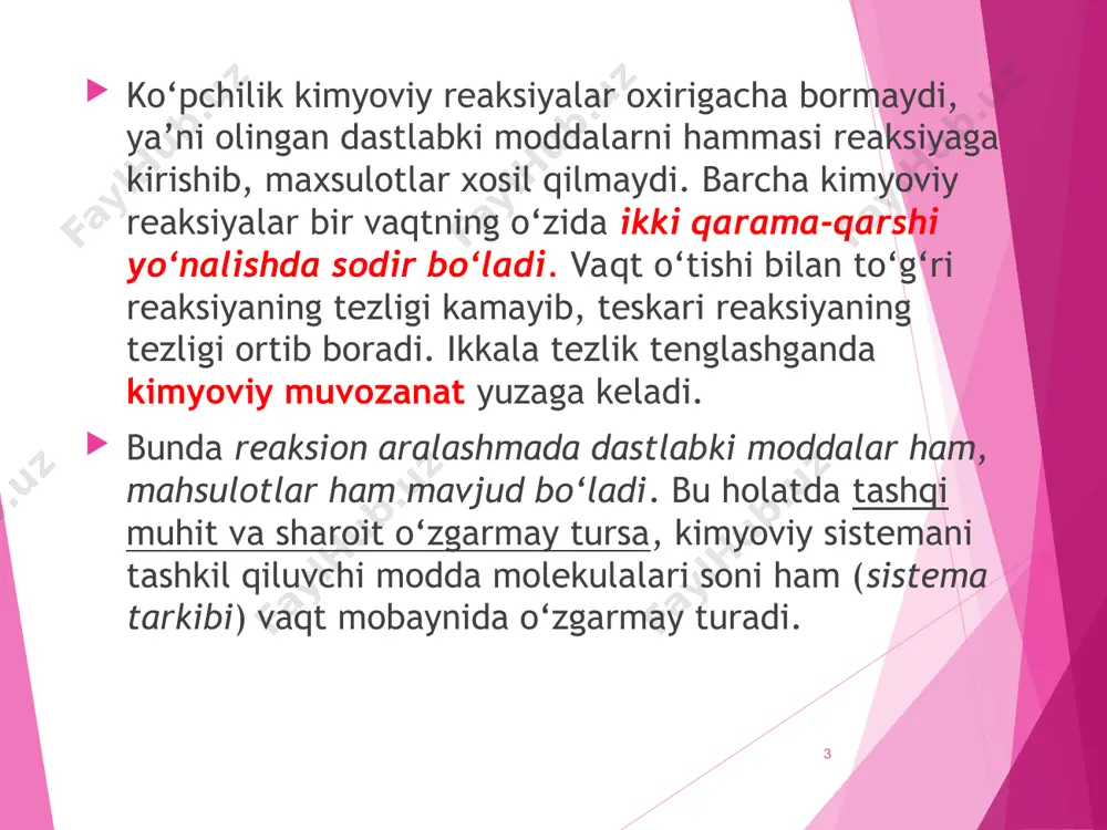 lganda mexanik kengayish ishi va foydali ish yig‘indisidan iborat bо‘ladi.  pdv bu yerda  foydali ish bu ifodaning yuqoridagi tenglamalarga qо‘ysak quyidagi ifodani xosil qilamiz.   ds - du -- pdv * bu tenglama integrallansa;   s2-s1 - u2-u1 - pv-v yoki   u1-ts1+pv1 - u2-ts2+pv2 agar u-ts+pv=g deb belgilasak, yuqoridagi tenglama quyidagi kо‘rinishga keladi. * a1g qaytar jarayon uchun a1max = --g qaytmas jarayon uchun a1  g * gibss energiyasi sistema energiya saqlanmasining izobarik-izotermik jarayonlarda ishga aylanishi mumkin bо‘lgan qismi ekan. agarda (g=u-ts+pv)ni differensiallasak dg=du-tds+pdv+vdp ni xosil qilamiz. bu tenglamaga du  sdt- pdv ni qо‘ysak dg  -sdt+vdp ni xosil qilamiz. * agarda bu tenglamani aloxida qaytar jarayon uchun dg  -sdt+vdp va qaytmas jarayonlar uchun yozsak dgsdt+vdp jarayon turg‘un bosim va turg‘un haroratda borishini inobatga olsak dgp,t   * demak, о‘z-о‘zidan boruvchi qaytmas jarayonlarda gibbs va gelmgols energiyalari kamayishi kuzatiladi. muvozanat …