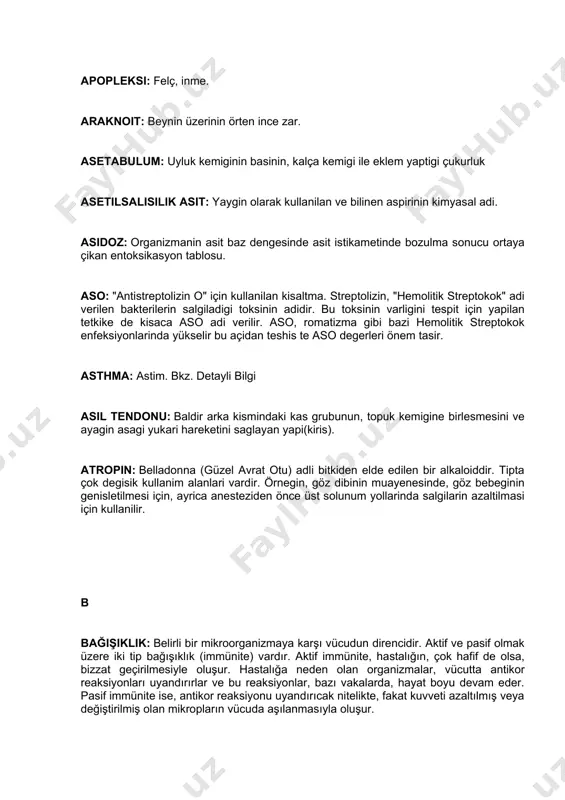 eder. pasif immünite ise, antikor reaksiyonu uyandırıcak nitelikte, fakat kuvveti azaltılmış veya değiştirilmiş olan mikropların vücuda aşılanmasıyla oluşur. bakteri̇: tek hücreli mikroorganizmalardır. bunlar, mantarlardan küçük, fakat virüslerden büyüktürler. bazıları hastalık yapıcı, bazıları zararsızdır; bazı bakteriler ise, faydalıdırlar: örneğin, toprağın nitrojen yapıcı bakterileri. bakteriler, şekillerine göre sınıflandırılabilirler: coccus'lar yuvarlak, bacillus'lar çubuksu, vibrio'lar virgül şeklinde, spirillum'lar dalgalıdır. bakteri̇emi̇: bakterilerin veya bakteri toksinlerinin kana geçmesiyle oluşan ateş, titreme ile seyreden klinik tablonun adıdır. eş anlamlı olarak septisemi de kullanılır. balli̇smus: kol ve bacakların, istemsiz, şiddetli, atıcı hareketleridir. bu durum, gövdenin yarısında görüldüğü takdirde, "hemiballismus" adını alır. bandaj: yara sarmaya veya yaraları kapatan gazları ve tespit edici tahtaları yerinde tutmaya yarayan kumaş parçasıdır. barbi̇türat'lar: sinir sistemini uyuşturucu etkileri olan maddelerdir. basi̇l: çomak şeklindeki mikroorganizmalardır. örneğin tüberküloz'un etkeni koch adı verilen basildir. bazal metaboli̇zma: vücut yüzeyi birimine göre hesap edilen, istirahat anında sarf edilen enerji miktarıdır.vücut yüzeyi şahsın, boyu ve kilosundan hesap edilir.troid bezinin fazla …