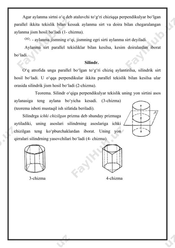 nusning uchi bilan ustma-ust tushgan piramida konusga tashqi chizilgan piramida deyiladi. tashqi chizilgan piramida yon yoqlarining tekisliklari konusning urinma tekisliklari bo’ladi. (9-chizma). shar ta’rif: fazoning berilgan nuqtasidan berilgan masofadan katta bo‘lmagan uzoqlikda yotgan hamma nuqtalaridan iborat jism shar deyiladi. berilgan nuqta sharning marakzi, berilgan masofa esa sharning radiusi deyiladi. sharning chegaasi shar sirti yoki sfera deb ataladi. shunday qilib sharning markazidan radiusga teng masofa qadar uzoqlashgan hamma nuqtalari shar sirti yoki sfera deb ataladi. shar sirtining ikki nuqtasini tutashtiruvchi va sharning markazidan o‘tuvchi kesma diametr deyiladi. istalgan diametrning uchlari (oxirlari) sharning diametral qarama-qarshi nuqtalari deyiladi. shar ham aylanma jism bo‘lgani uchun uni yarim doirani o‘zining diametri atrofida aylantirishdan ham hosil qilish mumkin. (10-chizma). 1- teorema. sharning har qanday tekislik bilan kesimi doiradir. bu doiraning markazi sharning markazidan kesuvchi tekislikka tushirilgan perpendikulyarning asosidir. isboti. aytaylik - kesuvchi tekislik va o- shrning markazi bo‘lsin (158-chizma). sharning markazidan tekislikka perpendikulyar tushiramiz. bilan perpendikulyarning …