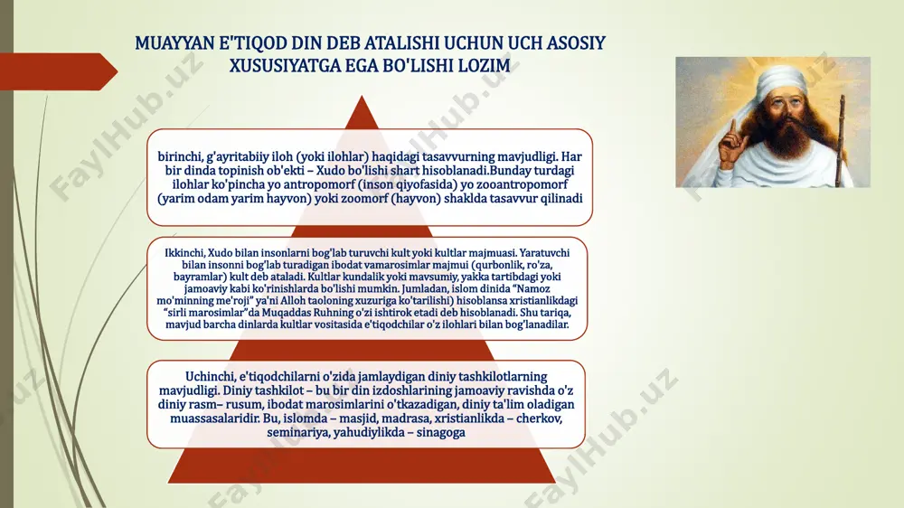 tvor qoidalariga aylantirgan; ikkinchidan, odamlarning bahamjihat yashashiga ko'malashgan; uchinchidan, odamlarda ishonch hissini mustahkamlagan hamda hayot sinovlari, muammo va qiyinchiliklarni engib o'tishlarida kuch bag'ishlagan; to'rtinchidan, umuminsoniy va ma'naviy qadriyatlarni saqlab qolish hamda avloddan– avlodga etkazishga yordam bergan va shu yo'l bilan madaniyat rivojiga katta ta'sir ko'rsatgan. dinlarning paydo bo'lishi haqidagi tasavvurlar “inson qachondan beri xudoga ishonib keladi?”, “din qachon paydo bo'ldi?” kabi savollar doimo olimlarni qiziqtirib, o'ylantirib kelgan. mazkur izlanishlar necha asrlardan beri davom etib kelayotgan bo'lsa–da, hali hanuz bu borada bir to'xtamga kelinmagan. umumiy ma'noda, bugungi kunda fanda dinlarning shakllanishi tarixiga oid ikki xil qarash mavjud birinchi qarashga ko'ra dinning paydo bo'lishi bevosita insoniyatning yaralishi bilan bog'liq. xudo ilk insonlarni yaratishi bilan ularga o'zini tanitdi, natijada inson ilk dinga e'tiqod qila boshladi. bunday qarash fanda “teologik yondashuv” deb nomlanadi. bugun mavjud bo'lgan har qanday din o'zining tarixini insoniyat yaralishi – ilk inson bilan bog'lashini ko'rishimiz mumkin. teologik yondashuvga ko'ra, turli …