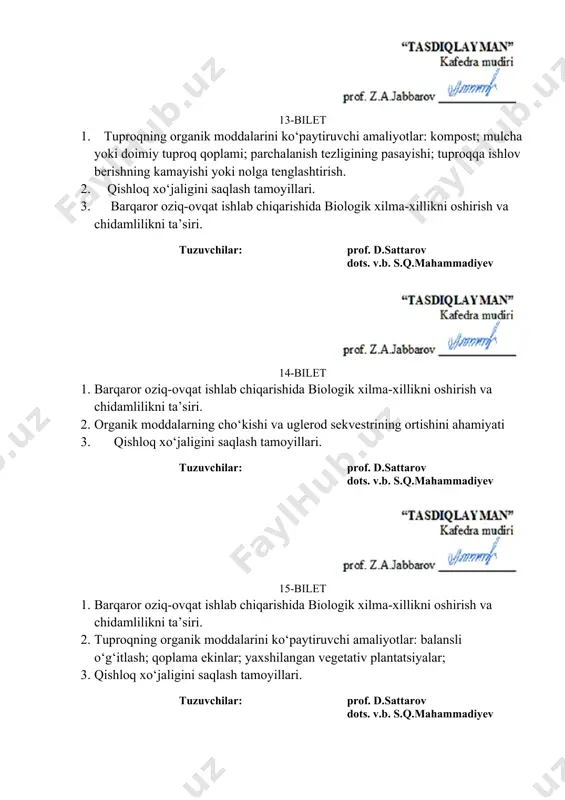 ots. v.b. s.q.mahammadiyev 20-bilet 1. tuproqning oziq zanjiri. parchalanish jarayoni. gumus bo‘lmagan moddalar: ahamiyati va vazifasi. 2. tuproqda organik moddalarini kamaytiruvchi amaliyotlar: o‘simlik qoldiqlarini olib tashlash; parchalanish darajasining oshishi; tuproqqa ishlov berish; drenaj; o‘g‘it va pestitsidlardan foydalanish. 3. tuproq namligining oshishi va tuproq eroziyasining kamayishi va suv sifatining yaxshilanishini qurg‘oqchilikka chidamli tuproq yaratishda o‘rni. tuzuvchilar: prof. d.sattarov dots. v.b. s.q.mahammadiyev 21-bilet 1. tuproqning organik moddalari. 2. tuproqning organik moddalarini ko‘paytiruvchi amaliyotlar: organik moddalar bilan ta’minlashni ko‘paytirish; yong‘indan himoya qilish; 3. organik moddalarning cho‘kishi va uglerod sekvestrining ortishini ahamiyati. tuzuvchilar: prof. d.sattarov dots. v.b. s.q.mahammadiyev 22-bilet 1. organik moddalarning cho‘kishi va uglerod sekvestrining ortishini ahamiyati. 2. tuproqning organik moddalarini ko‘paytiruvchi amaliyotlar: biomassa ishlab chiqarishni ko‘paytirish; o‘simliklar uchun suv ta’minoti va sug‘orishning ortishi: suv yig‘ish; 3. organik moddalarning cho‘kishi va uglerod sekvestrining ortishini ahamiyati. tuzuvchilar: prof. d.sattarov dots. v.b. s.q.mahammadiyev 23-bilet 1. tuproqdagi organik moddalar miqdoriga harorat, tuproqning namligi va suv bilan …