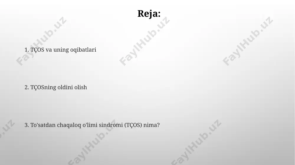 loqlarning hayotini oladi va uning aniq sababi noma'lum. tços bilan bog'liq xavf omillari orasida ona chekish, erta tug'ilish, past tug'ilish vazni va qorin ustida uxlash kiradi. ba'zi tadqiqotlar, 20 dan ortiq xavf omillarini aniqladi. tashxis qo'yish tts ning oldini olish uchun bolani orqa tomoniga yotqizish, yumshoq to'shak va yostiqdan foydalanmaslik kabi choralarni ko'rish va chaqaloqning sog'lig'ini muntazam nazorat qilish kabi omillar tts tashxisini kamaytirishda muhim rol o'ynaydi. to'satdan chaqaloq o'limi sindromi (tts) tashxisi faqat o'limdan keyin, to'liq tekshiruvdan so'ng qo'yiladi, va boshqa sabablarni istisno qilish uchun patologik tekshiruvlar, shu jumladan to'qimalarning gistopatologik tahlili zarur. sids ning sabablari to'satdan chaqaloq o'limining sabablaridan biri chaqaloqning miya po'stlog'ining yetarlicha rivojlanmaganligi bo'lib, bu nafas olish markazining noto'g'ri ishlashiga olib keladi va 20% hollarda kuzatiladi. ko'krak suti bilan oziqlantirishning yetarli emasligi yoki umuman yo'qligi, chaqaloqning immunitet tizimini zaiflashtirib, sids xavfini 3 barobar oshirishi mumkin. xavfni kamaytirish usullari sigaret tutunidan saqlanish va homiladorlik davrida spirtli ichimliklardan …