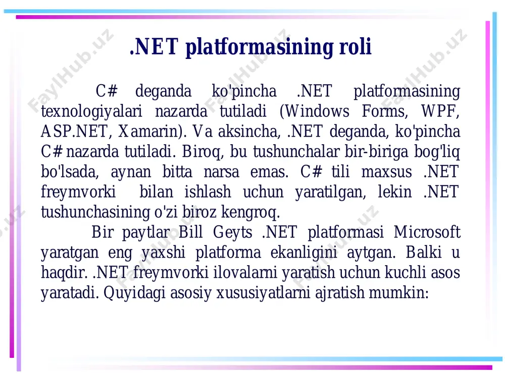 dastur kodini yozishni osonlashtirish, shuningdek testlash va otladka qilish uchun odatda maxsus ishlab chiqilgan muhit, xususan, visual studio ishlatiladi. visual studio da ishlash c#da ilovalar yaratish uchun biz bepul visual studio community 2019 yoki visual studio 2017 yoki visual studio 2013 muhitidan foydalanamiz. visual studio da ishlash visual studio muhitini o'rnatganingiz bilan, dasturiy ta'minotni ishlab chiqish uchun zarur bo'lgan barcha vositalar kompyuteringizga o'rnatiladi, jumladan .net 5 ham. o'rnatish tugagandan so'ng, birinchi dasturni yaratishimiz mumkin bo’ladi. dastlab, visual studio dasturini ochamiz. boshlang'ich ekranda create a new project (yangi loyiha yaratish) tanlanadi. visual studio da ishlash keyingi oynada, loyiha turi sifatida console application tanlanadi, ya'ni biz c# konsol ilovasini yaratamiz. visual studio da ishlash keyin project name maydoniga qandaydir nom beramiz – bu biz yratmoqchi bo’lgan loyihaning nomidir. masalan loyihaga helloapp deb nom beramiz, loyihamiz joylashadigan joyni ko’rsatamiz. visual studio da ishlash keyingi oynada visual studio bizdan loyiha uchun ishlatiladigan .net versiyasini …