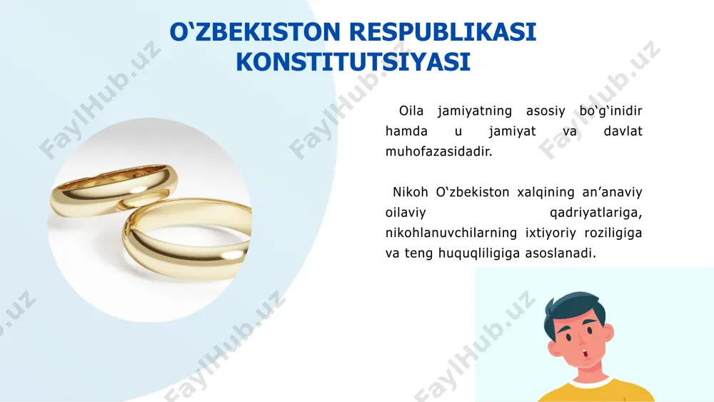 larda: homiladorlik chet elda nikohni qayd etish chet elda doimiy yashovchi o‘zbekiston respublikasi fuqarosining nikohini qayd etish o‘sha davlat qonunchiligiga asosan uning vakolatli organlari tomonidan yoki o‘zbekiston respublikasining konsullik muassasalarida ushbu qoidalarga asosan amalga oshiriladi. fuqarolik holati dalolatnomalarini qayd etish qoidalari o‘zbekiston respublikasi fuqarosining chet el fuqarosi yoki fuqaroligi bo‘lmagan shaxs bilan nikohini qayd etish, agar nikohni qayd etish o‘zbekiston respublikasining konsullik muassasasi hududida joylashgan o‘sha davlatning qonunlari bilan tan olinganda, shuningdek imzolashda o‘sha davlat va o‘zbekiston respublikasi qatnashgan bitim yoki bu xalqaro shartnomalarga muvofiq hollardagina konsul tomonidan amalga oshiriladi. nikoh shartnomasi oila kodeksi 29, 30- moddalari nikohlanuvchi shaxslarning yoki er va xotinning nikohda bo‘lgan davrida va (yoki) er va xotin nikohdan ajratilgan taqdirda ularning mulkiy huquq hamda majburiyatlarini belgilovchi kelishuvi nikoh shartnomasi deb hisoblanadi. nikoh shartnomasi yozma shaklda tuziladi va notarial tartibda tasdiqlanishi lozim. nikoh shartnomasi nikoh davlat ro‘yxatiga olinguniga qadar ham, shuningdek nikoh davrida ham tuzilishi mumkin. nikoh …