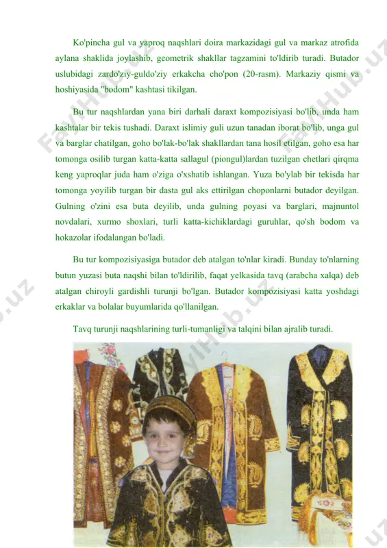di. bodom kashtasi kompozitsiyasi juda ko'p uchraydi va guldo'ziy, hamda zamindo'ziy usulida tikiladi. do'ppi o'zbekistonda keng tarqalgan yengil bosh kiyim. ayollar do'ppisi ham, erkaklar do'ppisi ham sidirg'a rang barxtga, baxmalga, satinga, sidirg'a shoyiga ip, ipak va zar ip bilan gullari tikiladi. do'ppilarga islimiy kashtalar, turli ko'rinishdagi geometrik shakllar bilan ham oro berib chiqilgan. geometrik shakllar olti va sakkiz qirrali shakllar bo'lib, ko'pincha ular bir-biriga qalashtirib tikiladi va oralari gul, yaproq nusha naqshlar bilan to'ldiriladi. do'ppilar zardo'ziy, guldo'ziy va zamindo'ziy usulida tikiladi. chorgul naqshi erkaklar hamda ayollar do'ppisida barobar ishlatiladi. chorgul kompozitsiyasida zargarlikka yoki zardo'zlikka oid qubba-bo'rtma taqinchog'i qo'llanilib, har bir butoq yoki gulga uch donadan qo'yib tikilgan. bunday do'ppilar o'n ikki qubbati to'rtgul deb atalgan (25-rasm). turli xildagi to'rt qirrali yulduzchalar erkaklar do'ppisi uchun xos kashtalardan hisoblanadi. erkak va ayollar do'ppilarining gardishi zar ipda tikilgan yoki rangli joyi jiyak bilan aylantirib chiqiladi. ko'zoynak, yelpig'ich, taroq, pul va cho'ntak soatlar singari …