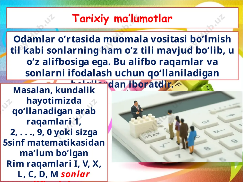 sistemasi alifbosida o‘zidan keyin kelgan raqamga almashtirish, masalan, o‘nlik sanoq sistemasida 0 ni surishda 1 ga, 1 ni surishda 2 ga, 2 ni surishda 3 ga va hokazo almashtirish; 2) eng katta raqamni surish – eng katta raqamni 0 ga almashtirish, masalan, o‘nlik sanoq sistemasidagi 9 ni 0 ga almashtirish. 2 lik sanoq sistemasida faqat 0 va 1 raqamlari mavjud: 0; 1. keyingi sonlarni hosil qilish: yodda tuting: faqat eng katta raqam surilgandagina undan chapdagi raqam suriladi! 3 lik sanoq sistemasida faqat 0, 1 va 2 raqamlari mavjud: 0; 1; 2. keyingi sonlarni hosil qilish: pozitsiyali sanoq sistemasida yozilgan sonning indeksida sanoq sistemasi asosi ko‘rsatiladi, odatda, agar son 10 lik sanoq sistemasida yozilgan bo‘lsa, u holda sanoq sistemasining asosi ko‘rsatilishi shart emas. masalan, 196316, 10012, 10014, ada15. abu abdullo muhammad ibn muso al-xorazmiy hozirgi kunda butun dunyo qabul qilgan 10 lik sanoq sistemasining tarixi haqida turlituman ma’lumotlar berilmoqda. ba’zi olimlar …