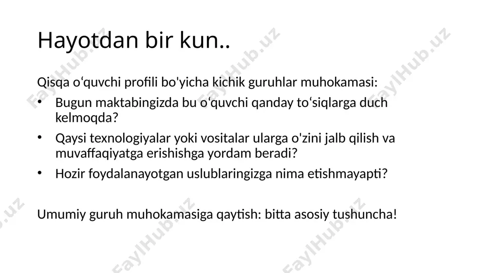 lar soni ko'p; o'qituvchilar an'anaviy usullardan foydalanadilar. amina – 8 yosh, 2-sinf, qishloq joydan (qoraqalpog‘iston) membres du groupe : o'quvchi profili - rustam o'quvchi kim? rustam onasi va ikki nafar ukasi bilan yashaydi; otasi mehnat migranti. u uy ishlariga mas'uliyatni o'z zimmasiga olgani sababli ko'pincha maktabga horigan va och holda keladi. rustam texnologiya va muammolarni hal qilishga katta qiziqish bildiradi, lekin maktabdagi akt resurslaridan foydalanish imkoniyati cheklangan. uning ilm olish salohiyatiga ijtimoiy-iqtisodiy muammolari va hissiy stress to'sqinlik qiladi. intilishiga qaramay, muntazam o‘rganish imkoniyati kamligi va maqsadli qo’llab-quvvatlash choralari yetishmasligi uning imkoniyatlarini chegaralaydi. maktabda (qulayliklar, ishtirok etish, o'rganish)? aktga asoslangan interfaol darslarni joriy etish. hamkorlik orqali maktabdan keyingi yordam dasturlarini ishlab chiqish. mehnat migrantlarining farzandlarini ruhiy jihatdan qo'llab-quvvatlash mexanizmlarini ishlab chiqish. iste'dodlarni rivojlantirish va tengdoshlar bilan muloqot qilish uchun raqamli klublarni joriy qilish. maqsadlar, motivatsiyalar va intilishlar: texnologiyaga va muammolarni hal qilishga katta qiziqish. dasturchi yoki ixtirochi bo'lishga intiladi. qiziqish va …