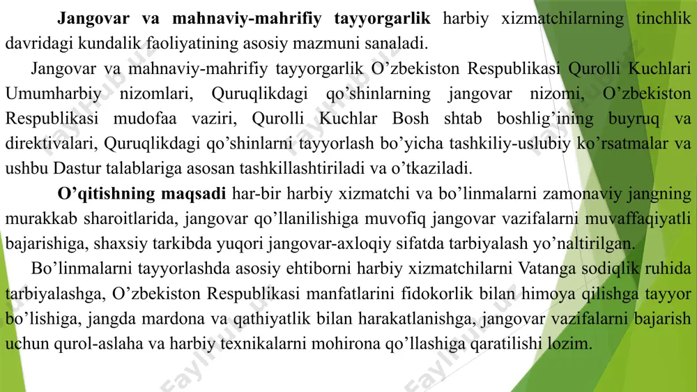 va ko’nikmalarini, zamonaviy jang olib borishda zarur bo’lgan harakatlanish usullarini bajarishini, shuningdek kichik guruhlar (seksiya)nining hamjihatligini takomillashtiriladi. kichik guruhlar (seksiya) tayyorgarligi davomida harbiy xizmatchi-mutaxassis o’zining asosiy mutaxassisligi bo’yicha yuqori jangovar moxirlik darajasiga erishishi lozim. harbiy xizmatchi-mutaxassisni tayyorlashda yakka tartibda qurol-aslaha va harbiy texnikalarda ishlashi va dalada o’q itilishi, tizimli ravishda amalga oshirilib boriladi va avtomatik darajaga yetkazish asosiy vazifa bo’ladi. kichik guruhlar (seksiya) tayyorgarligi o’tkazilgan fanlardan kichik guruhlar (seksiya) tarkibida, harbiy xizmatchi-mutaxassisni tayyorgarlik darajasini aniqlash maqsadida nazorat-tekshiruv mashg’ulotlari o’tkazish bilan yakunlanadi. v) guruh tayyorgarligi – guruh hamjihatligini, shaxsiy tarkibni mutaxassislik bo’yicha bo’linma tarkibida tayyorlashni takomillashtiradi. guruh tayyorgarligi o’tkazilgan fanlardan guruh tarkibida tayyorgarlik darajasini aniqlash maqsadida nazorat-tekshiruv mashg’uloti va dalaga chiqish orqali maxsus taktik o’quv io’tkazish bilan yakunlanadi. g) maxsus-taktik o’quviga tayyorgarlik ko’rish va o’tkazish vaqtida harbiy xizmatchi-mutaxassisni, texnik tahminot bo’linmalarning har-xil jangovar harakatlarni texnik tahminotini tahminlash va egallangan malakalarini takomillashtirish davom ettiriladi. har-bir oyida va o’quv iyili yakunida nazorat mashg’ulotlari …