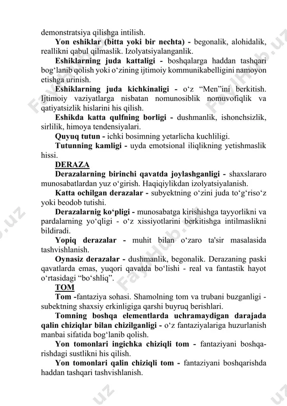 uyuq tutun - ichki bosimning yetarlicha kuchliligi. tutunning kamligi - uyda emotsional iliqlikning yetishmaslik hissi. deraza derazalarning birinchi qavatda joylashganligi - shaxslararo munosabatlardan yuz o‘girish. haqiqiylikdan izolyatsiyalanish. katta ochilgan derazalar - subyektning o‘zini juda to‘g‘riso‘z yoki beodob tutishi. derazalarnig ko‘pligi - munosabatga kirishishga tayyorlikni va pardalarning yo‘qligi - o‘z xissiyotlarini berkitishga intilmaslikni bildiradi. yopiq derazalar - muhit bilan o‘zaro ta'sir masalasida tashvishlanish. oynasiz derazalar - dushmanlik, begonalik. derazaning paski qavatlarda emas, yuqori qavatda bo‘lishi - real va fantastik hayot o‘rtasidagi “bo‘shliq”. tom tom -fantaziya sohasi. shamolning tom va trubani buzganligi - subektning shaxsiy erkinligiga qarshi buyruq berishlari. tomning boshqa elementlarda uchramaydigan darajada qalin chiziqlar bilan chizilganligi - o‘z fantaziyalariga huzurlanish manbai sifatida bog‘lanib qolish. yon tomonlari ingichka chiziqli tom - fantaziyani boshqa- rishdagi sustlikni his qilish. yon tomonlari qalin chiziqli tom - fantaziyani boshqarishda haddan tashqari tashvishlanish. pastki qavatlar bilan yaxshi bog‘lanmagan tom - shaxsiy organizatsiyaning yomonligi. tom karnizlari, ularga …